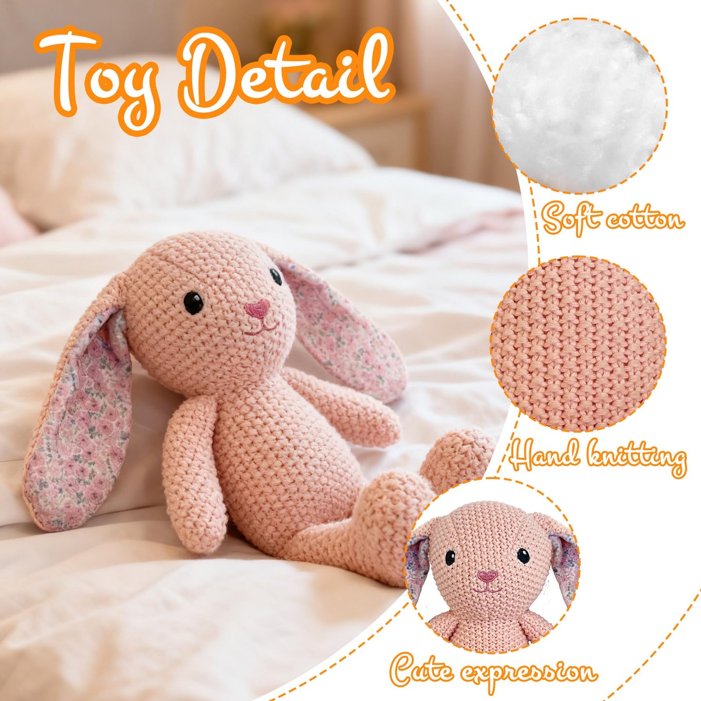 JUSTQUNSEEN Realistic Buuny Stuffed Animals, 11 inch Crochet Stuffed Animal Toys for Babies, Birthday and Easter Gifts for Girls and Boys, Knitted Cute Toy and Soft Plush Pink Rabbit Toys
