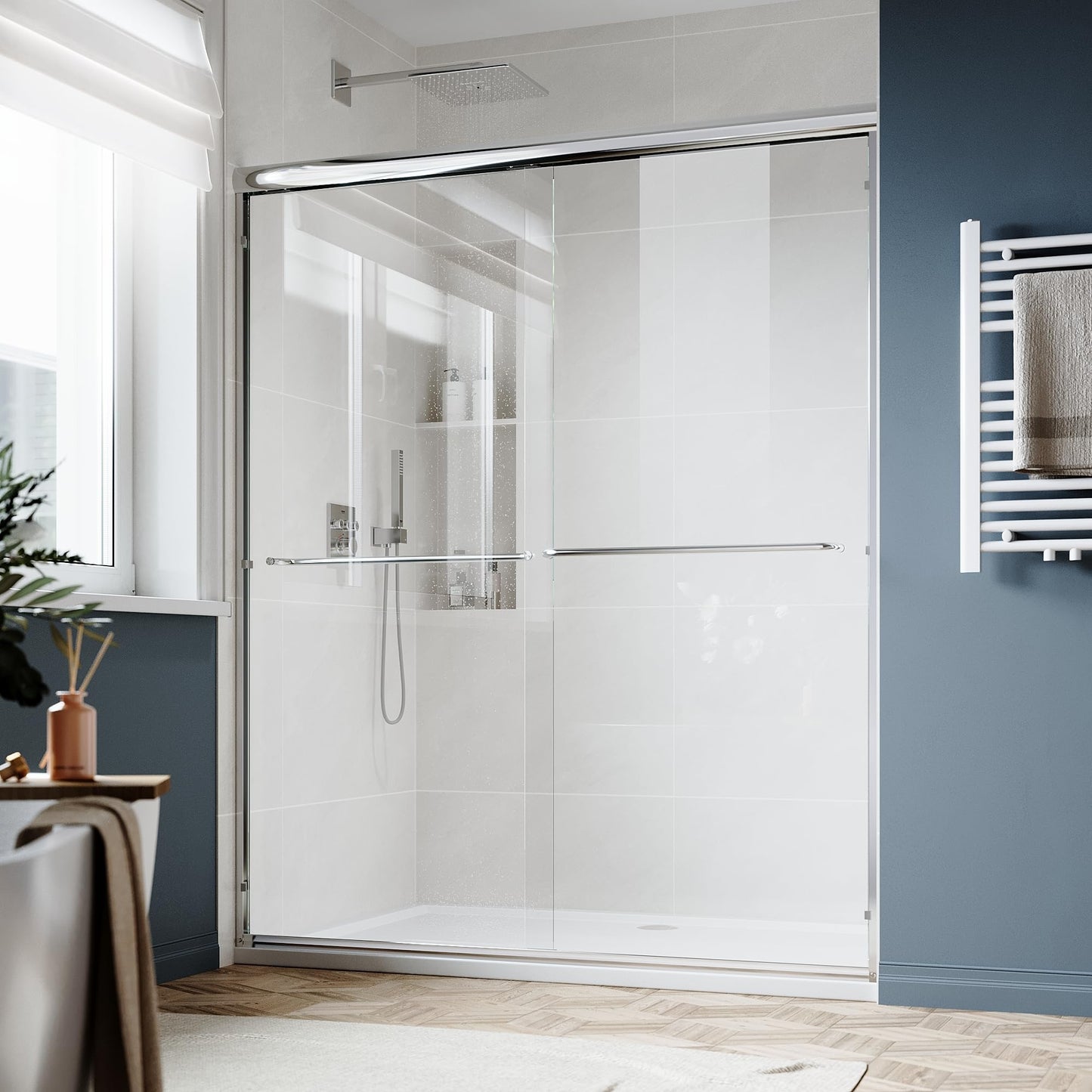 SUNNY SHOWER Double Sliding Glass Door 60" W x 72" H Shower Door 1/4" Tempered Glass Sliding Door Semi-Frameless Shower Glass Enclosure Bypass Walk in Shower Cabin, Chrome Finished