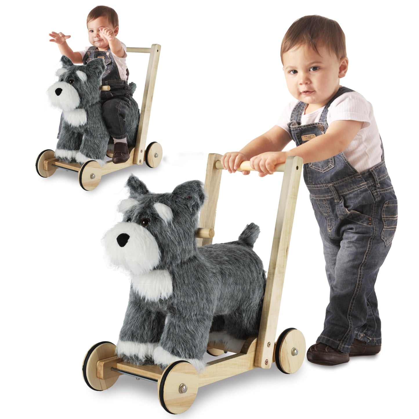 Rock My Baby Wooden Baby Walker, 2-in-1 Baby Push Walker & Ride On Toy for Toddlers 12M+, Learning to Walk Toy with Sweet Music, Soft Cuddly Dog Toy for Boys Girls (Schnauzer Dog) CPC Certified