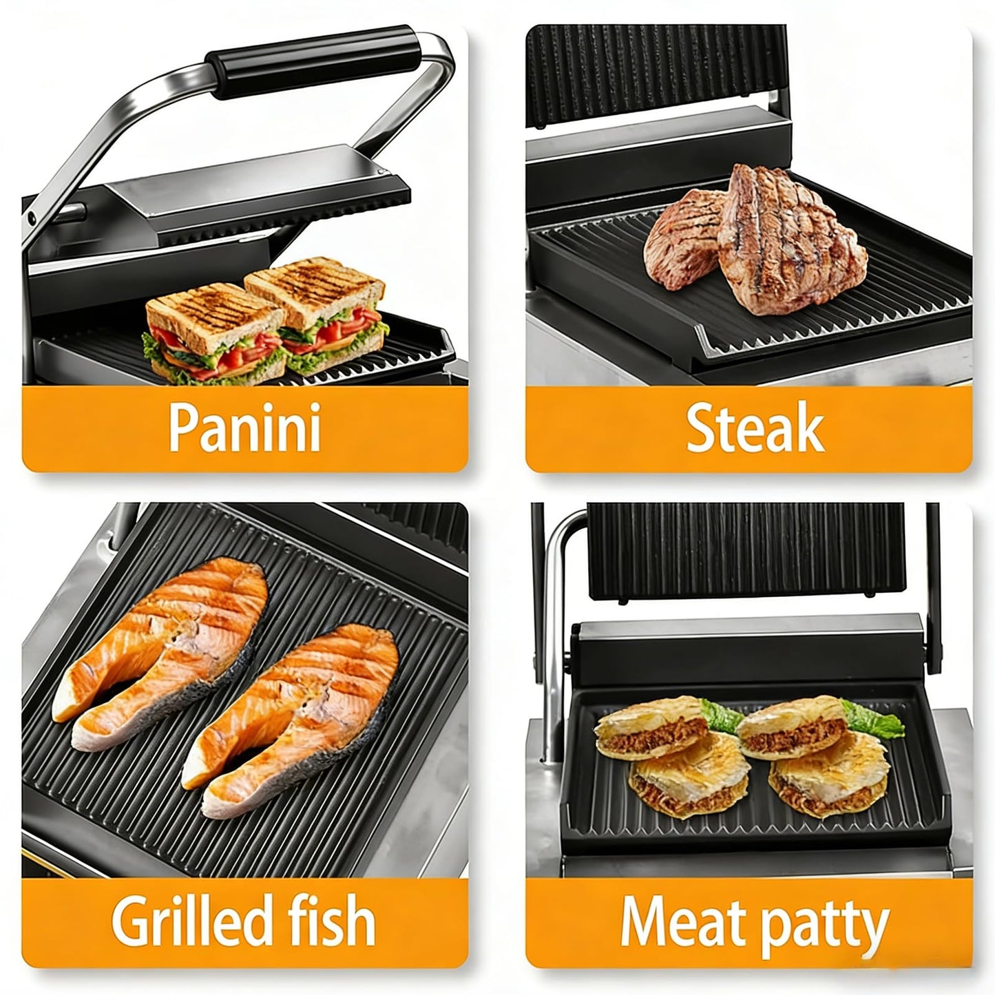 CTJ Commercial Panini Press Stainless Steel Electric Sandwich Maker - 2200W Countertop Panini Press Grill with Temp Control for Sandwich, Burger, Steak, Bacon, Grilled Cheese & Breakfast