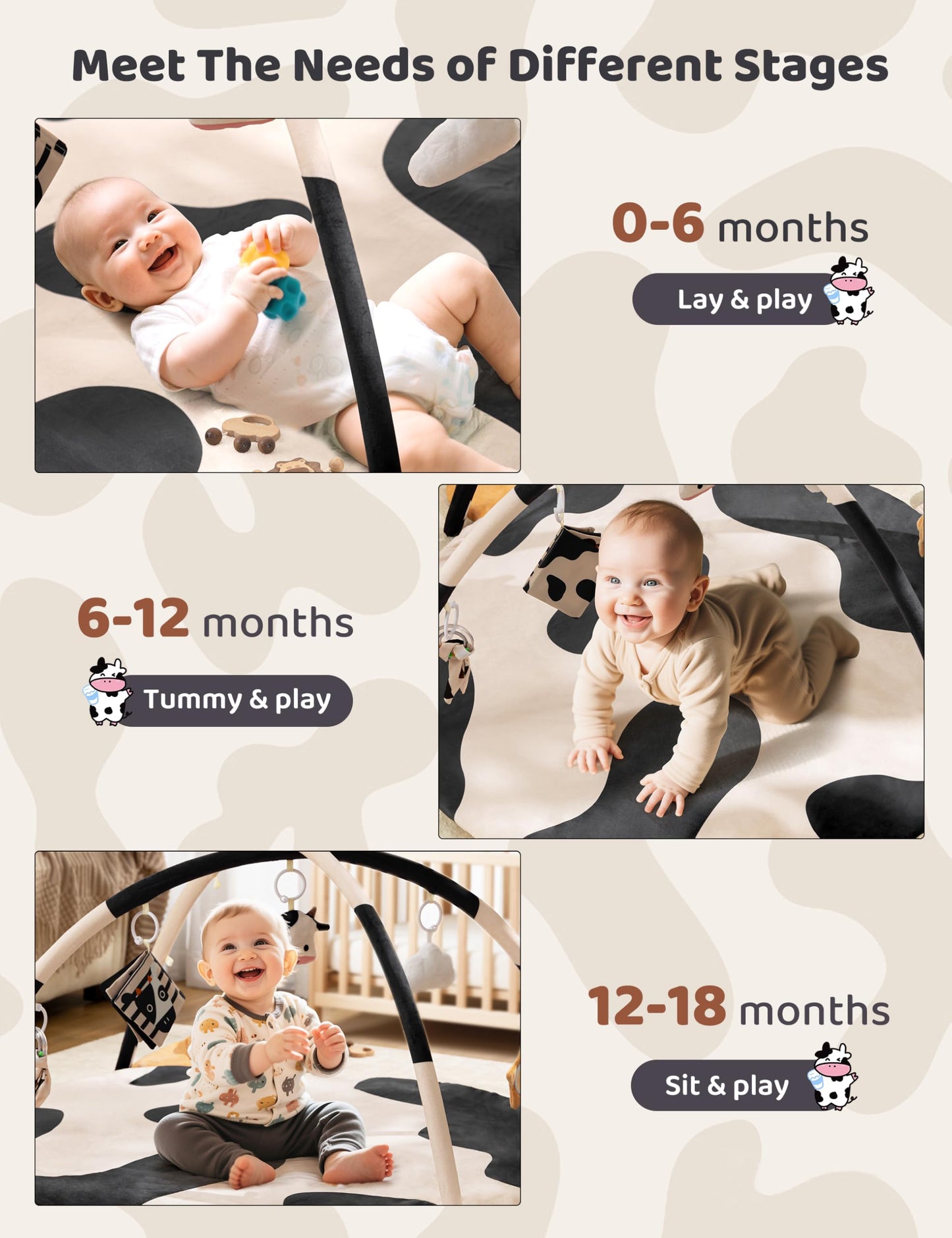 2PM SPORTS Cow Theme Baby Play Mat, Tummy Time Mat for Infant Newborn, Baby Play Gyms & Playmats for 0-3 3-6 6-12 Months, Activity Mat 5 Detachable Toys, Non Slip Gym Mat Easy to Install & Clean