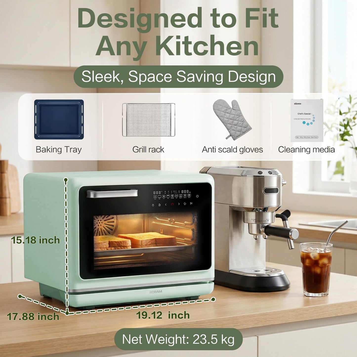 ROBAM Toaster Air Fryer Steam Oven Combo, Countertop Convection Cooker with Fry & Bake, 1.2 Cu.Ft Large Capacity Combi Oven, Smart Touch Precise Temp Control, Multi-Stage, 32 Preset Recipes (Green)