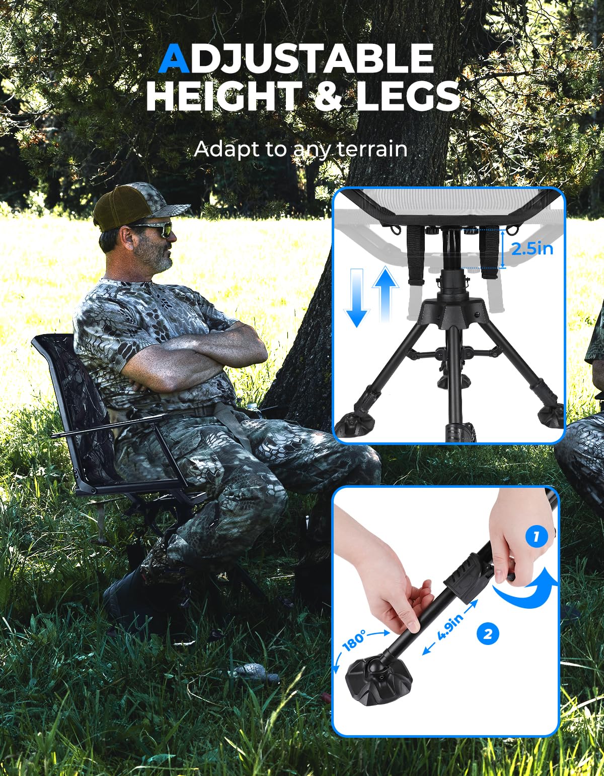 KEMIMOTO 360 Degree Silent Swivel Blind Hunting Chair, 320 Lbs Camo Height Adjustable Quick Folding Portable Comfortable Hunting Deer Fishing Ground Chair