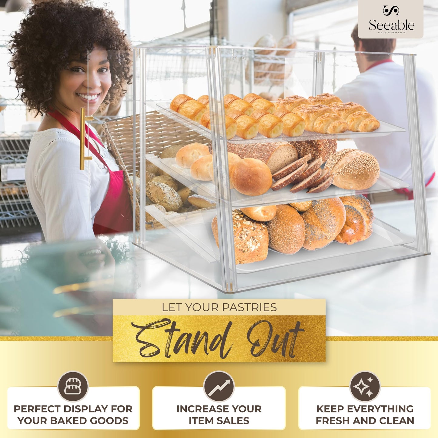 3 Tray Acrylic Bakery Display Case Countertop with Magnetic Rear Doors Access, Removable Trays & Gold Accents, Acrylic Pastry Display Case for Desserts, Cookies, Bread & Baked Goods (21"x16"x17")