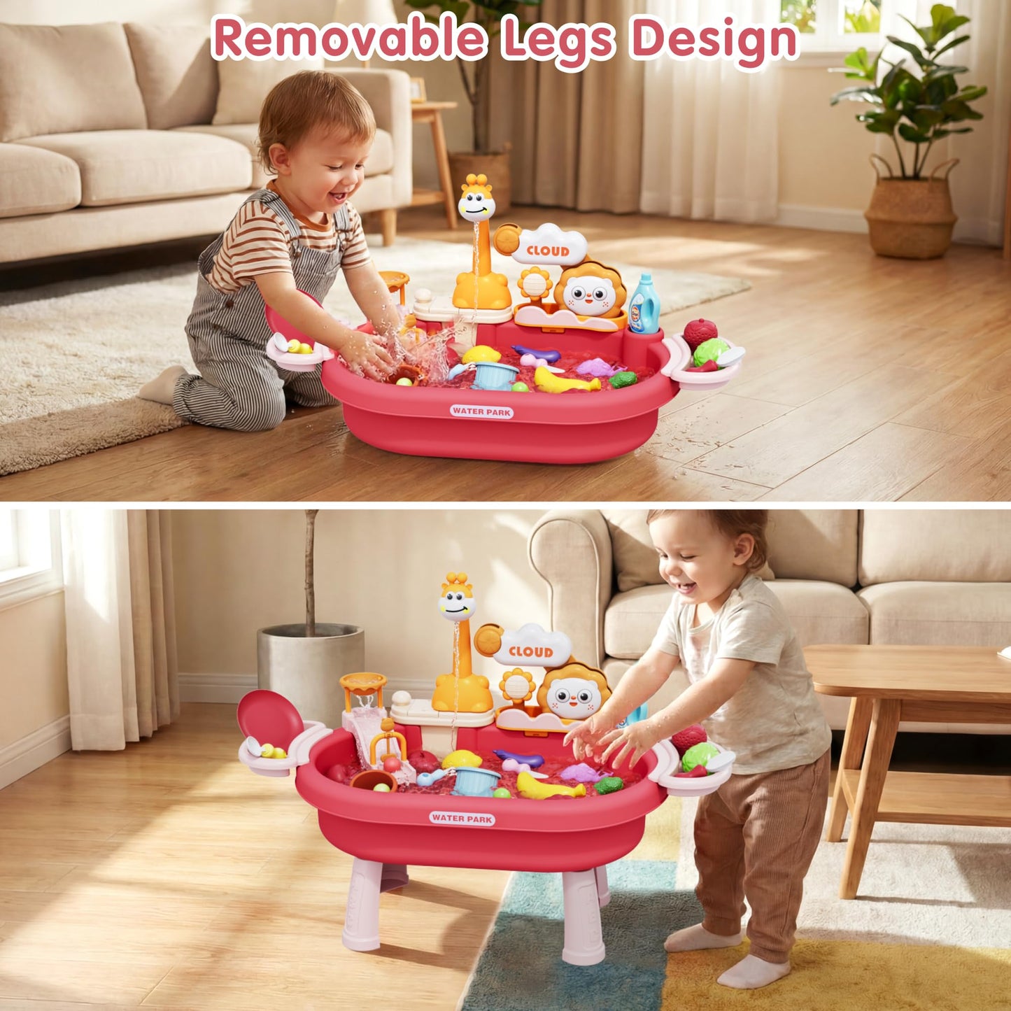 2026 New Kids Sand & Water Table Toys for Toddlers, Kids Water Park Play Kitchen Sink with Running Water,Giraffe Electric Faucet,Water Rolling Game,Detachable Legs Toddler Summer Toy for Boys Girls