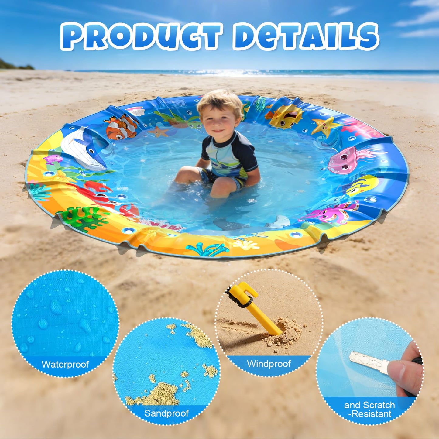 4.9 X 4.9 Feet Baby Beach Pool, Waterproof Beach Pool Blanket for Toddler, 2 in 1 Toddler Paddling Pool with Carrying Bag, Collapsible Beach Puddle Mat for Boys Girls Kids Infant Outdoor Beach Toys