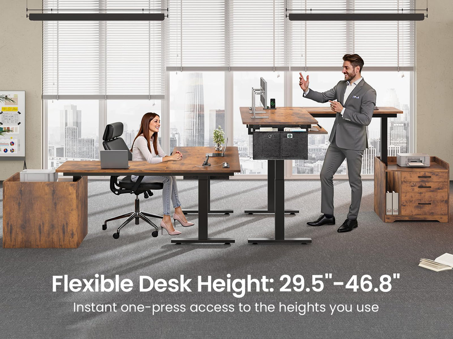 SEDETA L Shaped Electric Standing Desk with File Cabinet, 63 x 53'' Height Adjustable Home Office Computer Desk with 3 Drawers, Power Outlet, Stand up Gaming Table with Led Lights, Rustic Brown