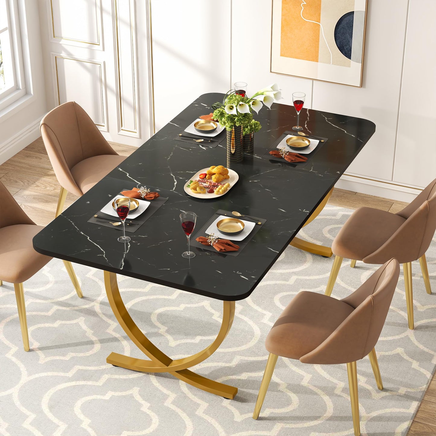 LITTLE TREE Dining Room Table, Kitchen Table with Faux Marble Table Top and Gold Metal Legs