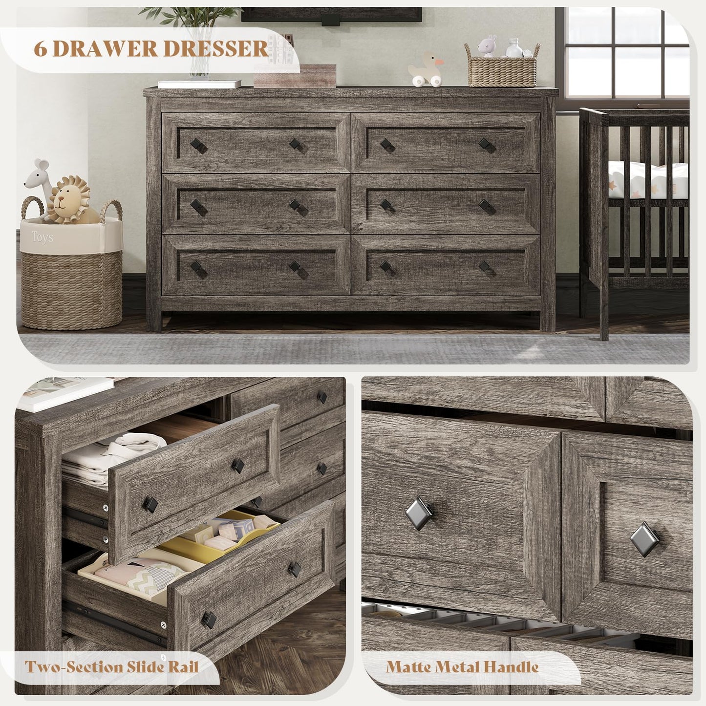 AMERLIFE 54" Wood Dresser with 6 Drawers, Farmhouse Chest of Drawers & Storage Dresser for Bedroom Furniture, Wide Drawer Organizer for Closet, Rustic Grey, Hallway