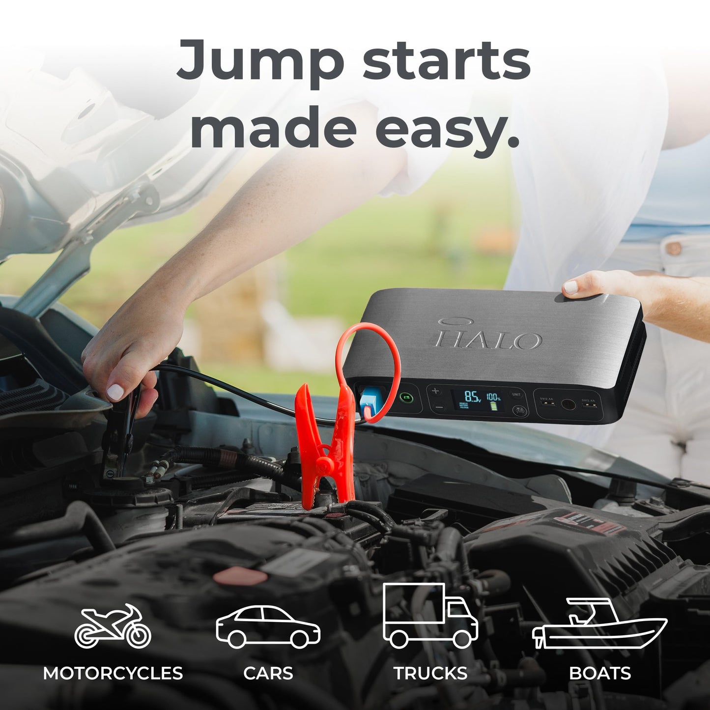 HALO Bolt Air 58830 Portable Car Battery Jump Starter | 100 PSI Air Compressor, 58.8Wh USB Power Bank, Emergency Floodlight & Charger, Jumps Cars SUVs & Trucks, Inflates Tires, TSA Approved — Gray