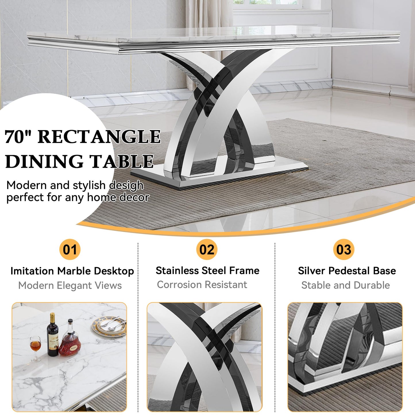 68" White Marble Dining Table Set for 6, Modern 7-Piece Faux Marble Kitchen Dining Room Table Set w/Steel X-Base & 6 Beige Velvet Dining Chairs, Luxury Silver Kitchen Table and Chairs Set of 6