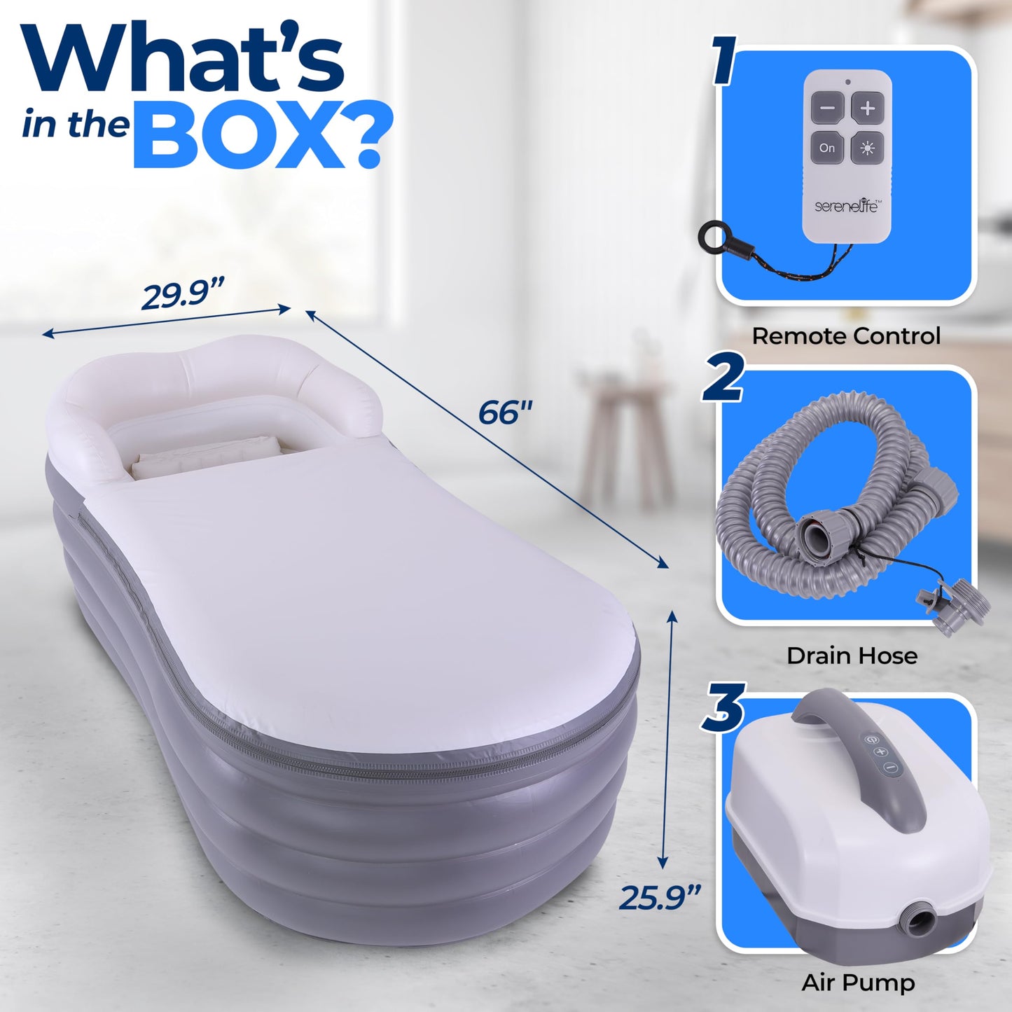 SereneLife Spa Bathtub with Bubble Massage Mat – Inflatable Bathtub with Pillow, Cup Holder, Remote Control for LED Lighting, Backrest and Armrests, Supporting Up To 190 lbs. 66" x 30" x 26"