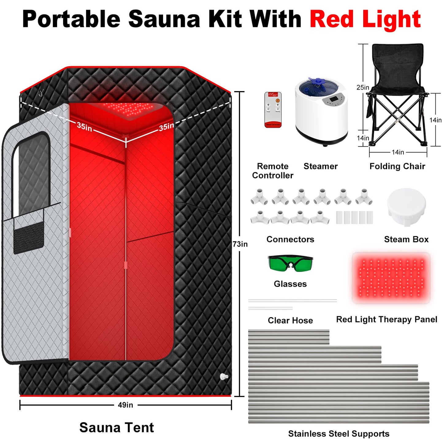 XL Infrared Sauna Box with True 660 & 850nm Red Light Therapy Lamp, Portable Red Light Sauna for Home, Full Body Steam Tent with 3L 1200w Steamer, 15 Levels Heat, Chair, Remote