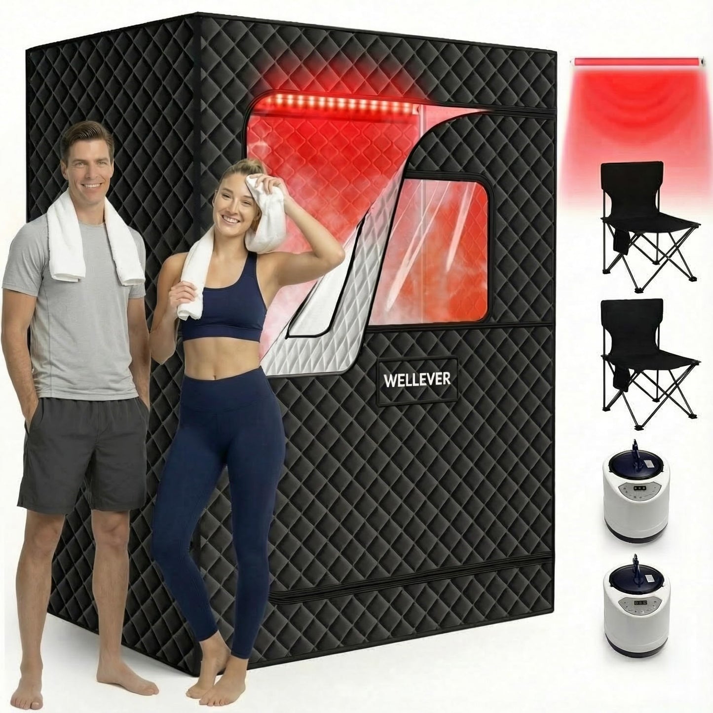 WELLEVER 2 Person Sauna Box for Home, Protable Steam Sauna Tent with 660nm Red Light Therapy, 5-Layer Waterproof, Compact and Easy Storage, Infrared Saunas for Relaxation, 5.9' x 4.1' x 3.0'