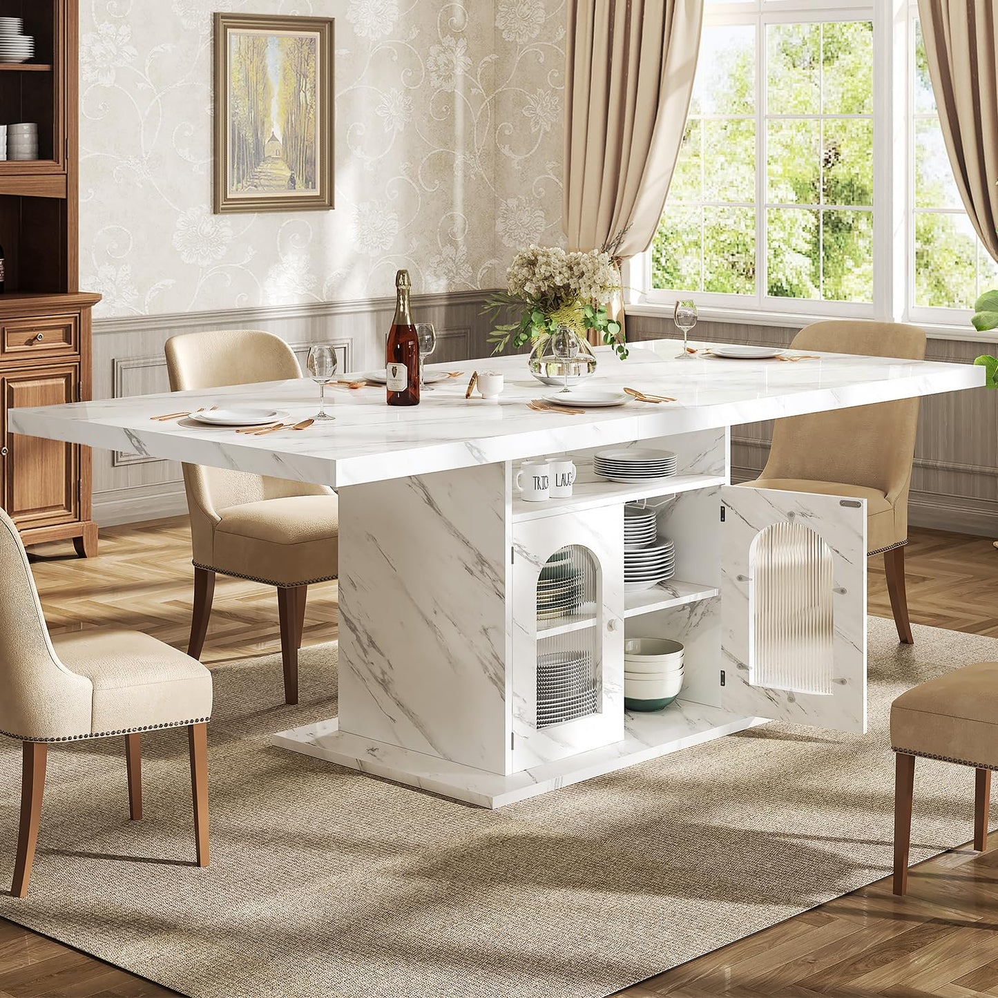 HSH Dining Table for 4–6, 63" Modern Kitchen Dining Room Table with Storage Shelves & Acrylic Door Cabinet,Wood Rectangle Dinner Table with Faux Marble Top for Home Apartment, White Faux Marble
