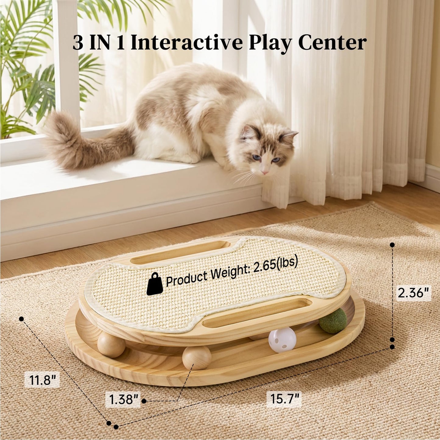 ZOMISIA Cat Scratcher with Ball Track Toy, Sisal Scratch Pad for Indoor Adult Cats, Wooden Interactive Cat Puzzle Toys for Kitten Mental Stimulation Self Play Home Enrichment