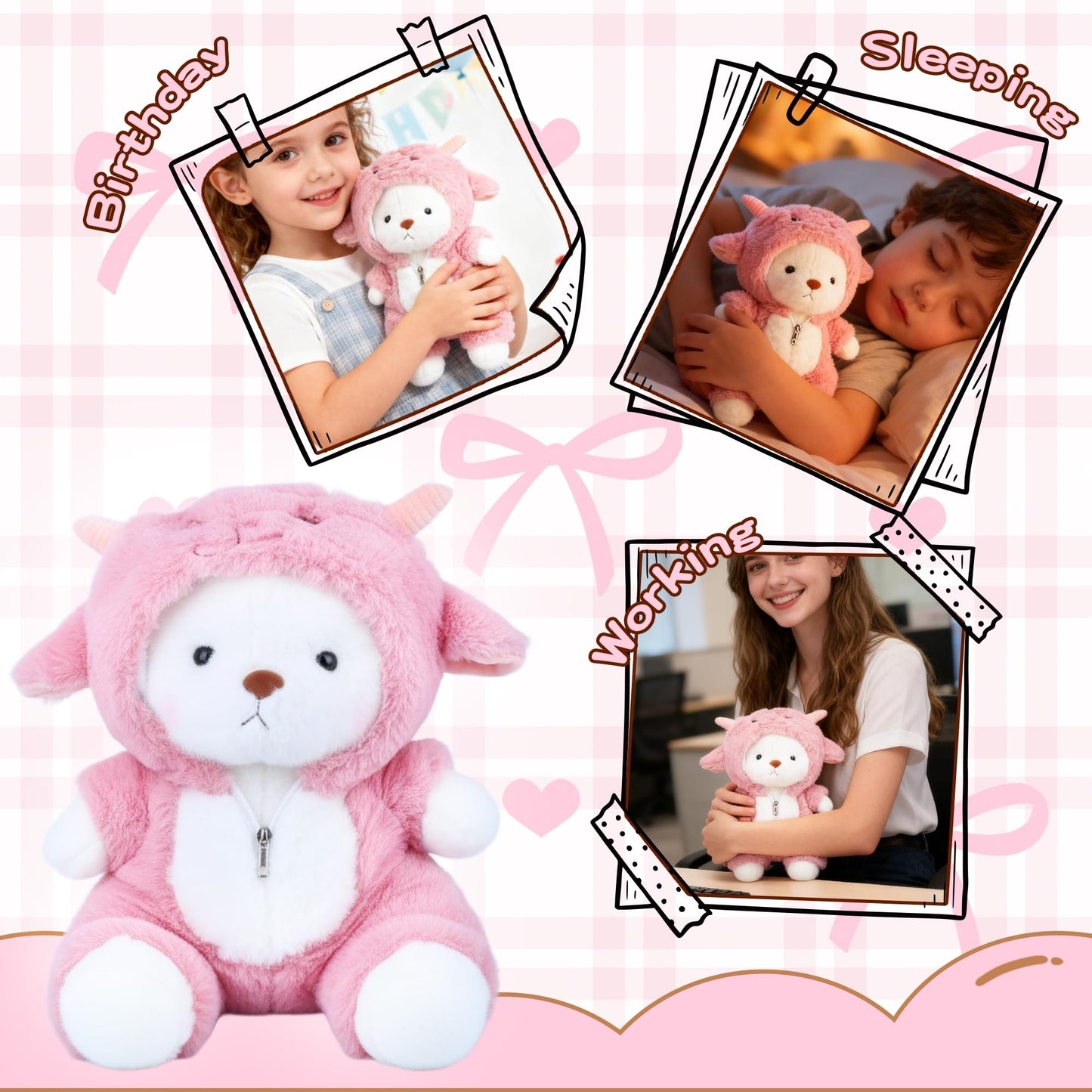 Teddy Bear Plush Figure Toys, Teddy Bears Stuffed Animals with Movable Legs Hoodie, 13'' Kawaii Emotional Support Plush Toys with Pink Lamb Clothes Soft Stuffed Bear Gift for Kids Toddlers Girls