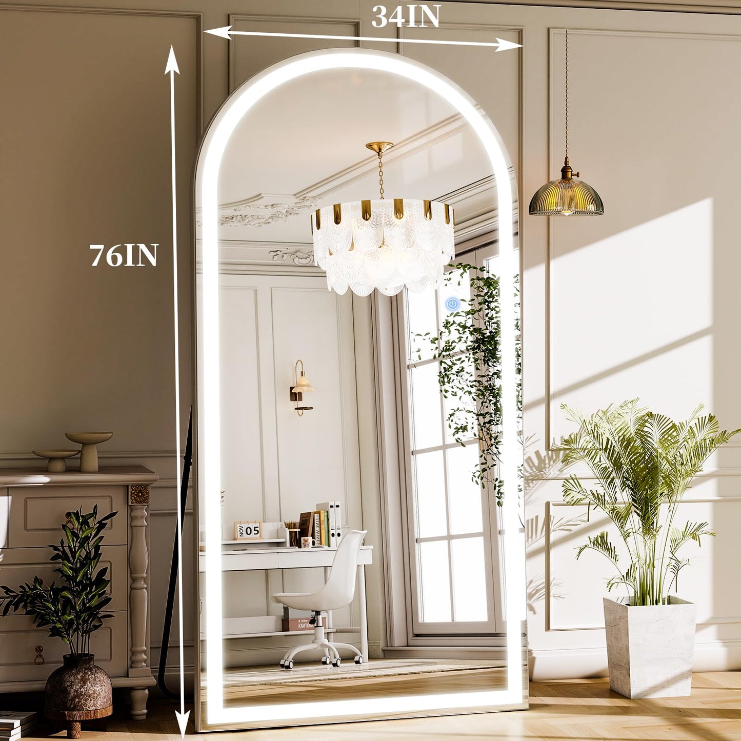 GLSLAND 34"x76" Arched LED Full Length Mirror with Lights Wall Mounted/Standing, Dimmable Floor Lighted Mirrors W/Anti-Fog, Touch Control for Bedroom, Dressing Room