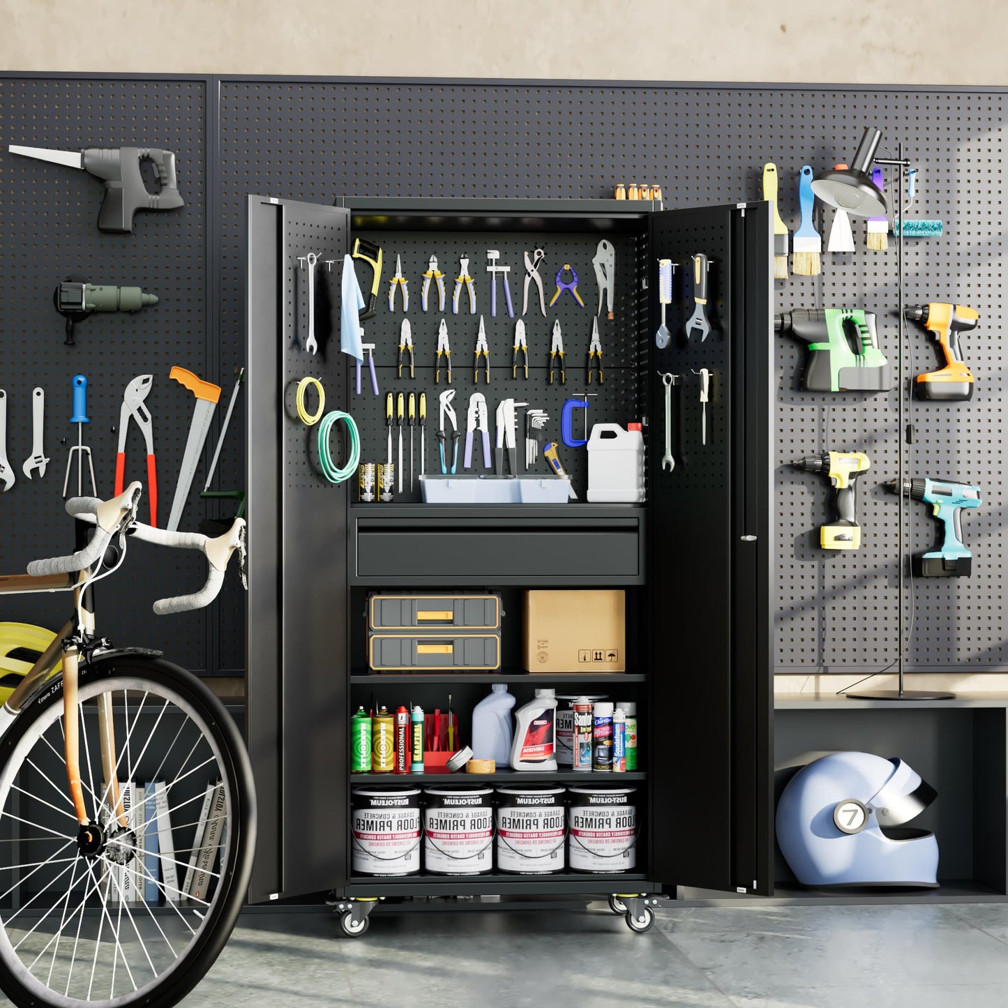 Metal Garage Storage Cabinet with Wheels and Doors,71" H Rolling Tool Cabinet with Pegboard and Drawer for Garage Warehouse Home,Required Assembly,Black