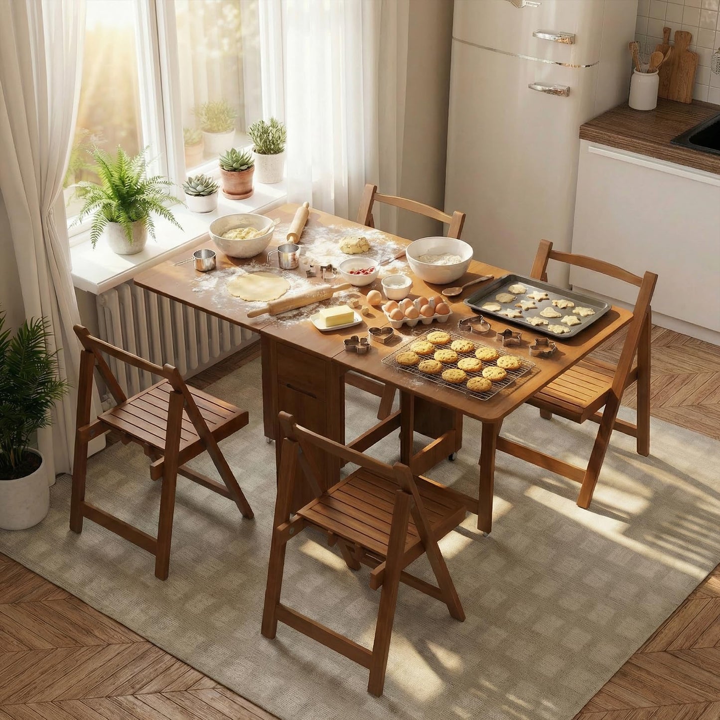 Folding Dining Table Set with 4 Chairs, Drop Leaf Foldable Table on Wheels, Collapsible Dinette Table with Hidden Chair Storage, Space Saving Folding Dinner Table Set for Small Apartments
