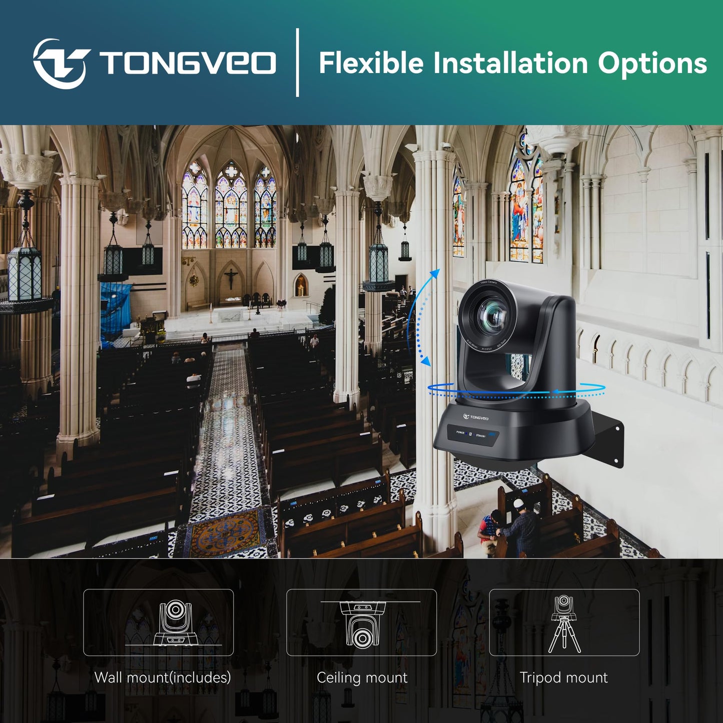 TONGVEO 4K AI PTZ Camera with Auto Tracking and 20X Optical Zoom, Conference Room Webcam with HDMI/USB3.0/LAN/PoE, Ideal for Church Worship, Zoom Meetings, Live Streaming and Education