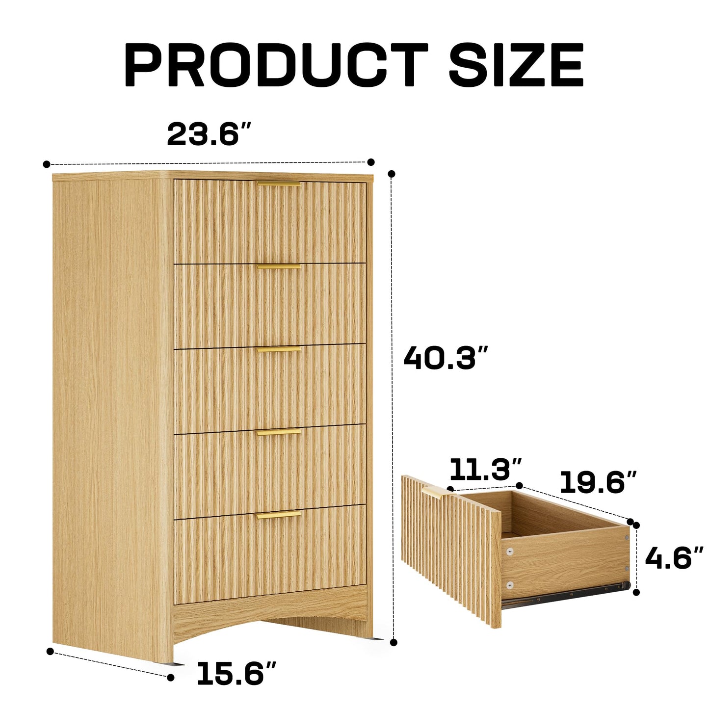 Marsail Fluted 5-Drawer Tall Wooden Dresser, Smooth Gliding Drawers & Large Capacity Storage Space, Modern Organizer Cabinet for Bedroom or Hallway, Natural Oak
