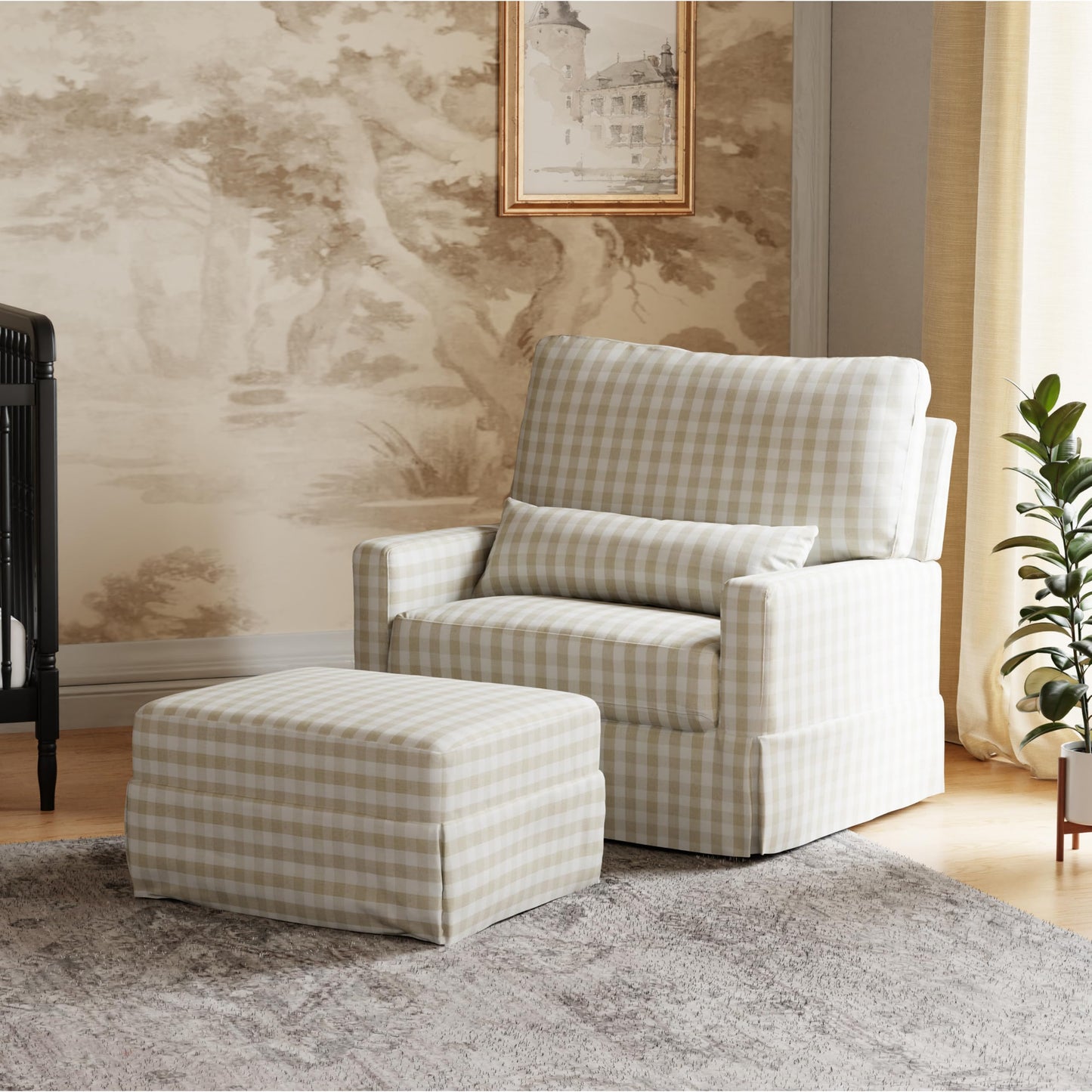 Namesake Crawford Pillowback Chair and a Half Comfort Swivel Glider in Tan Gingham, Greenguard Gold & CertiPUR-US Certified