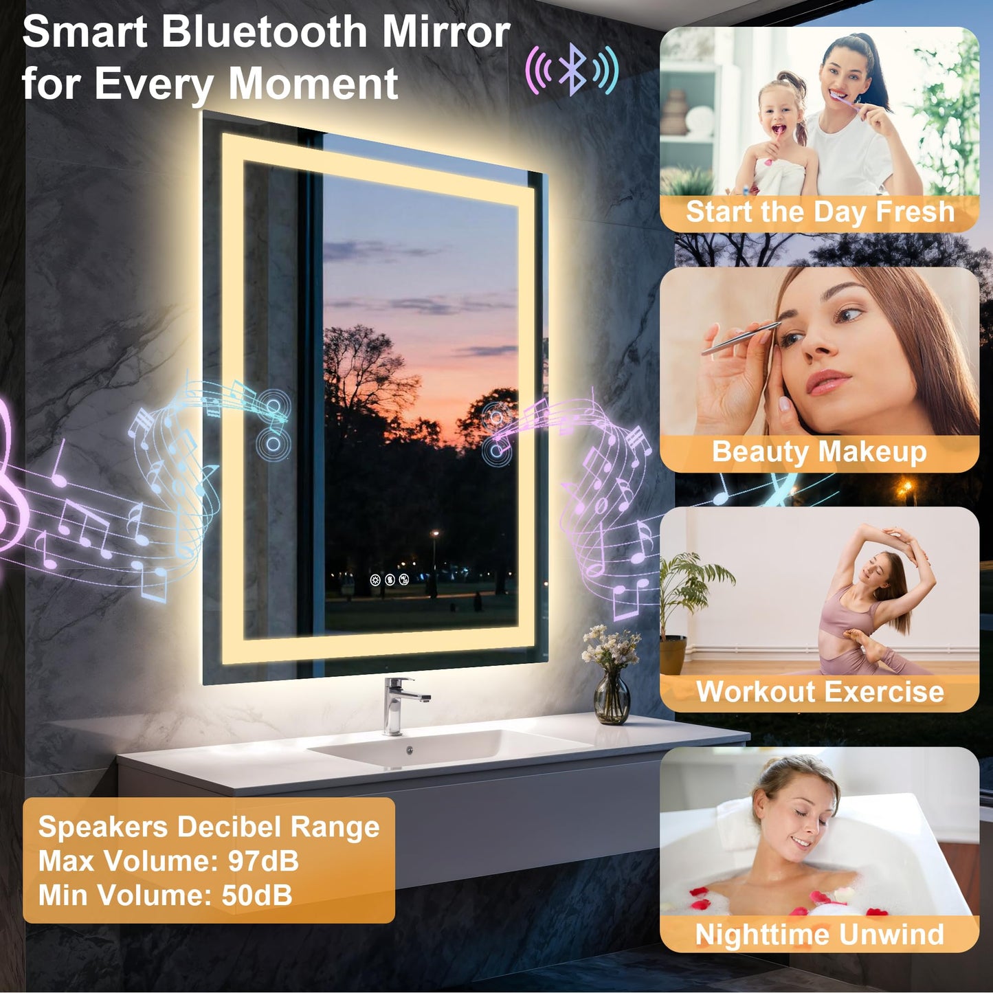 Olyvren 24"x32" LED Bathroom Mirror with Lights,Bluetooth Dual Speaker,Anti-Fog,3 Color Temperature,Dimmable Brightness,Memory Function,Waterproof,Wall Mount Design,Tempered Glass