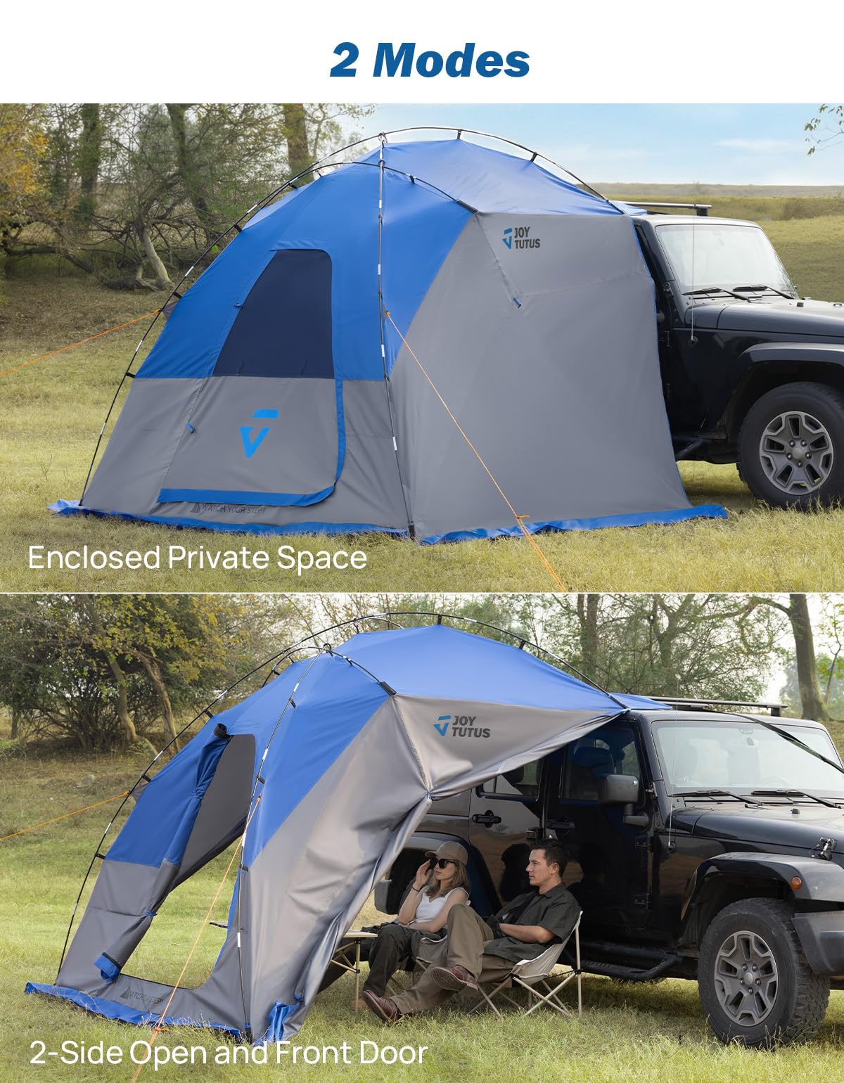 JOYTUTUS Car Shelter with Full-Coverage Sunshade for Side or Rear, Universal Mount Vehicle Awning and Car Camping Tent, Easy Set-up Buckles, Roll up Sides and Windows, UV50+, Rainproof, Gray Blue