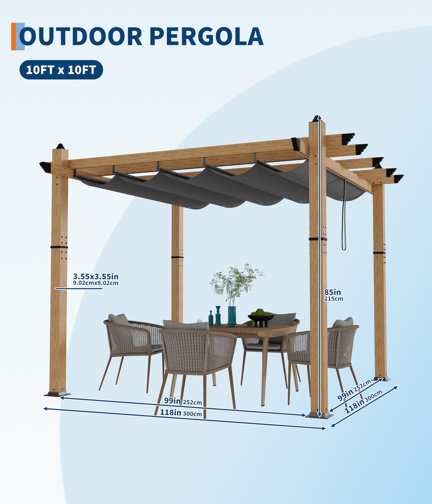 GarveeLife 10 x 10 ft Wood-Grain Aluminum Pergola OutdoorGazebo with Retractable Canopy Sun Shade Shelter for Garden, Patio, Backyard, Deck - Grey