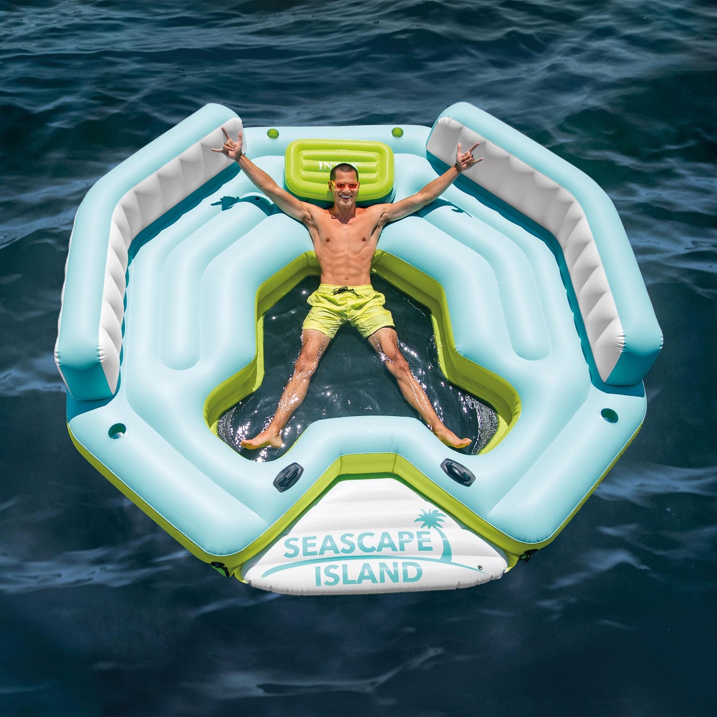 Intex Seascape Inflatable Island Float Ultimate Water Hangout Lounge with Built In Cooler Area, Cup Holder, and Oversized Backrests for Adults