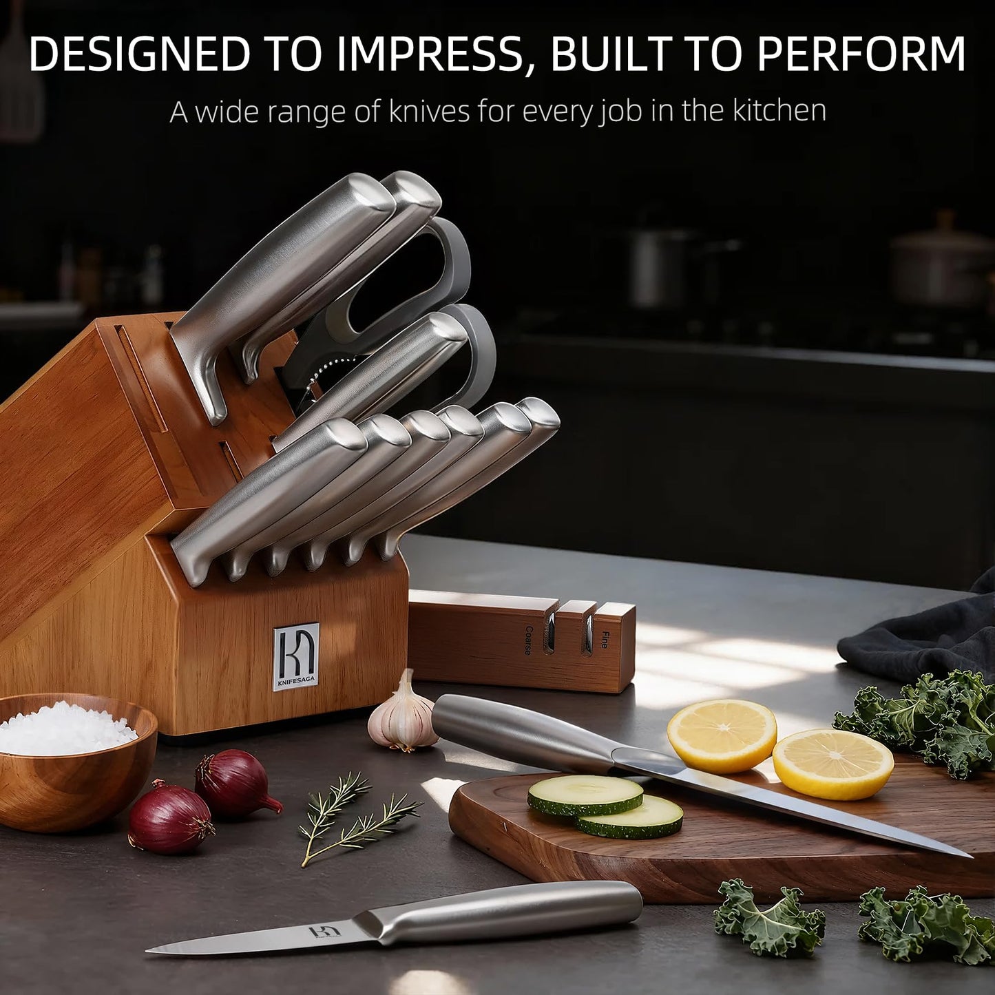KnifeSaga Knife Block Set with Two-stage Sharpener, 14-Piece | Razor Sharp Japanese Stainless Steel Kitchen Knives with Ergonomic Handles