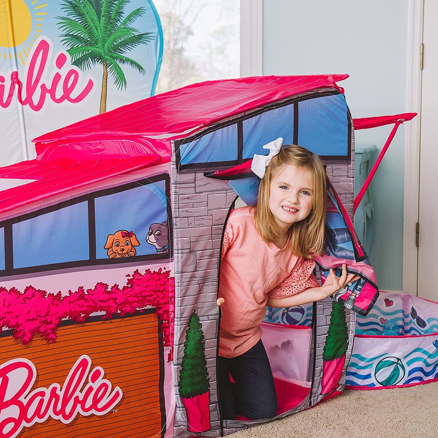 Barbie Dreamhouse™ Extra Large Pop Up Play Tent with Crawl Tunnel and Ball Pit, Over 7 feet Long, Playhouse Toy Folds Into Storage Bag, 20 Play Balls Included, Gift for Toddlers and Kids 3+