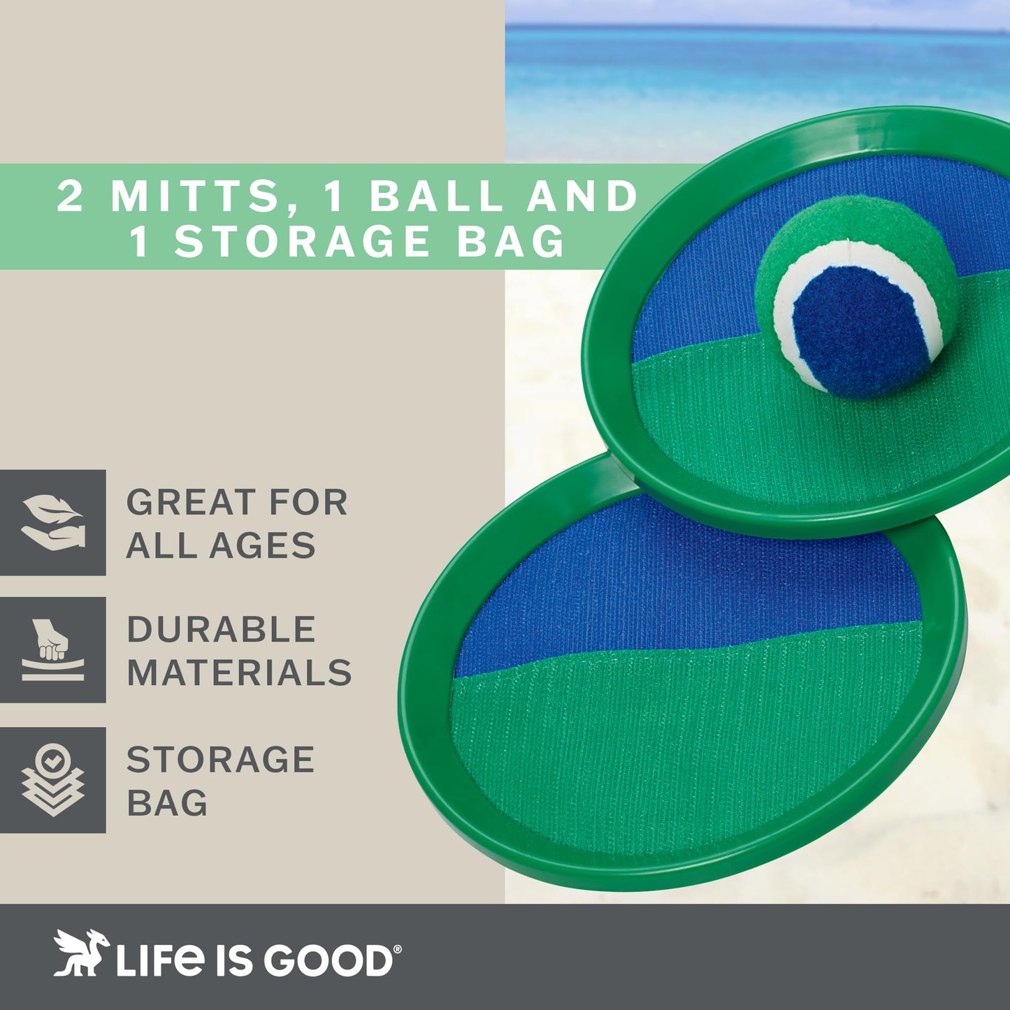 Life is Good Toss and Catch Ball Set (Green/Blue), Family Outdoor Games with 2 Paddles, 2 Balls & 1 Carry Bag, No-Setup 2-Player Paddle Game for Beach, Backyard, Park & Travel Fun