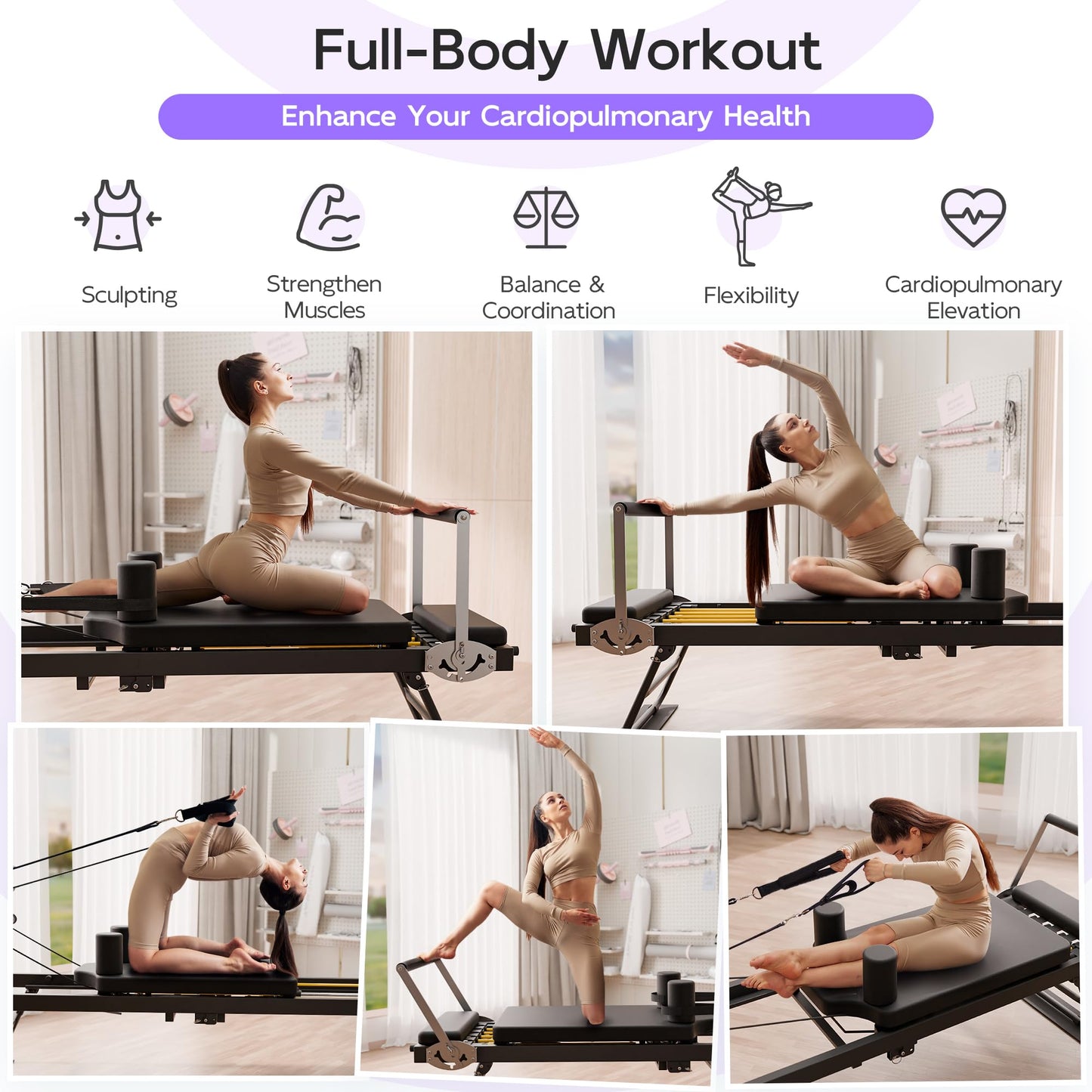 MU Pilates Reformer, Foldable Reformer Pilates Machine with Dual Resistance for Home Use and Gym Workout, Suitable for Advanced and Beginners Users (77.5" Standard Version)