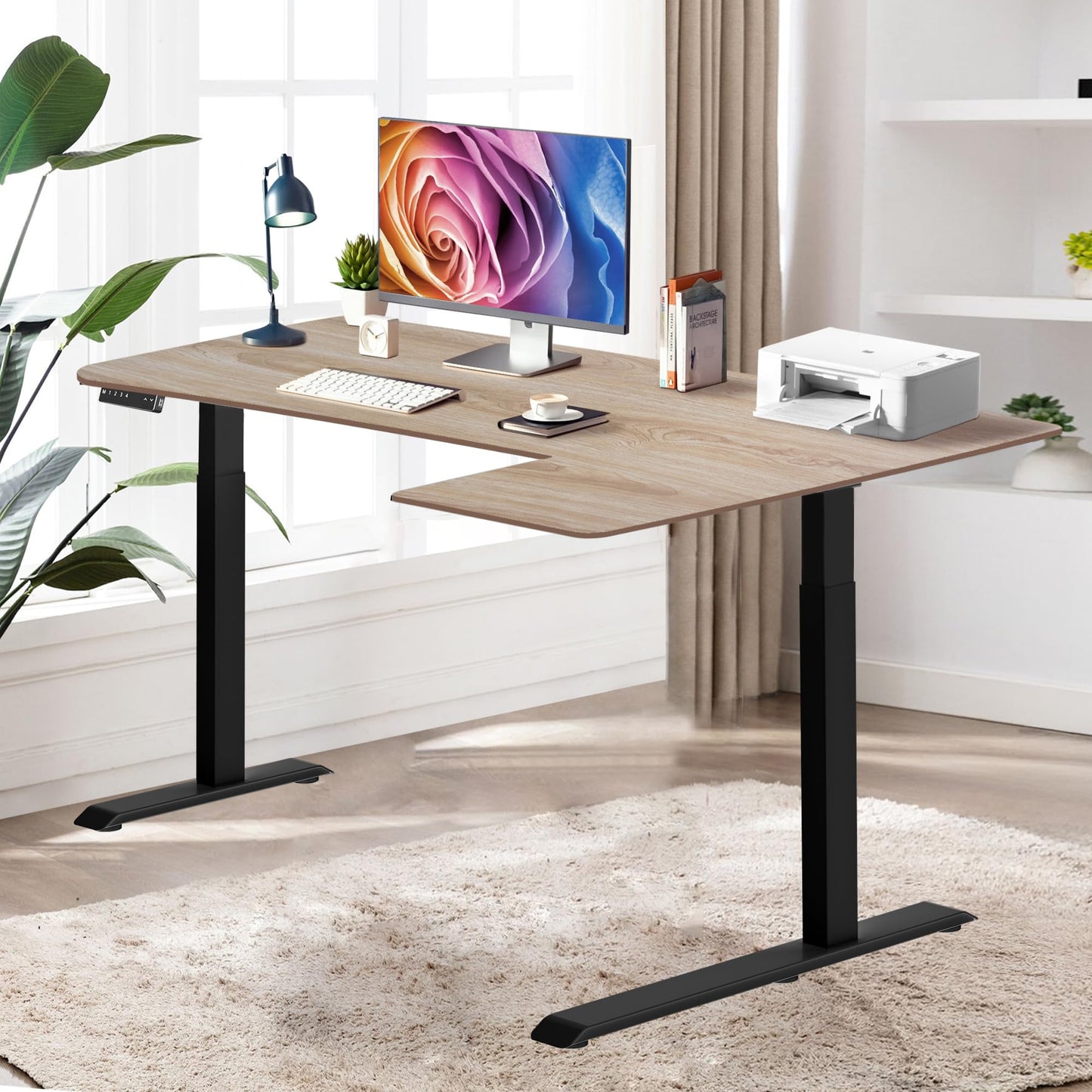 Fromann Standing Desk Frame Electric Height Adjustable Desk Legs Sit Stand Up Table Base Dual Motor L Shaped Corner with USB for Home and Office (Black)