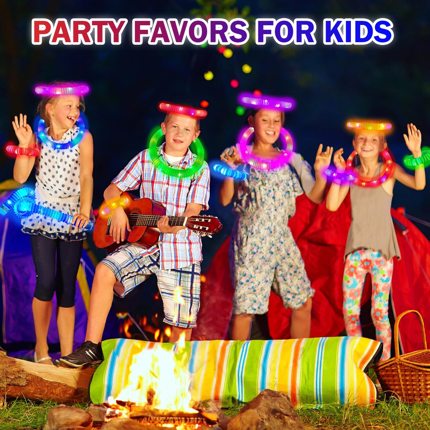 Glow Sticks Party Favors Supplies for Toddlers 18 PCS, Camping Essentials Toys Gifts for Kids, Light up Pop Tubes Necklace ＆ Bracelet Accessories, Treats Non Candy for Graduation, Birthday, Wedding
