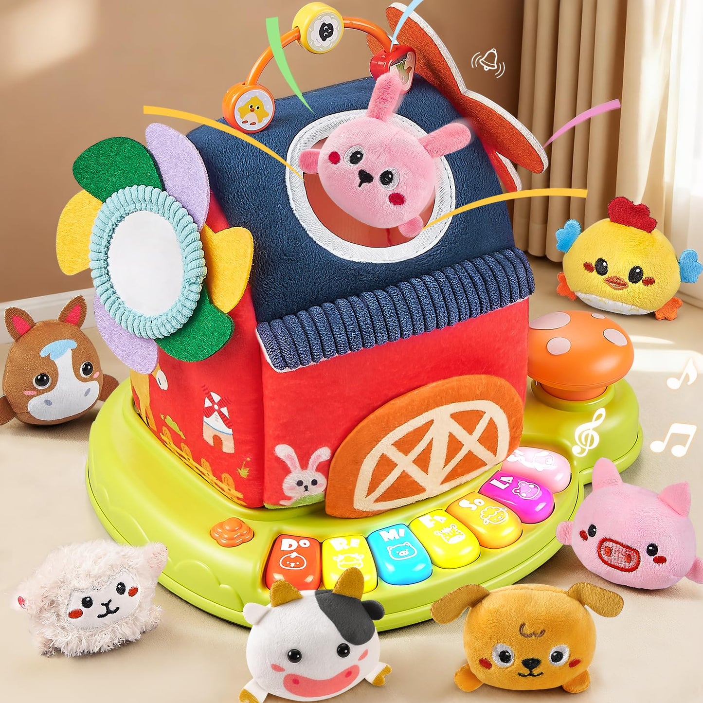 Vanvimen Musical Baby Toys 6-12 Months, Surprise Barn with 7 PCS Stuffed Farm Animals, 4 Mode Sound and LED Lights, Montessori Sensory Toys for 6 12 Months, Ideals 6 7 8 9 Month Old Baby Gifts Toy