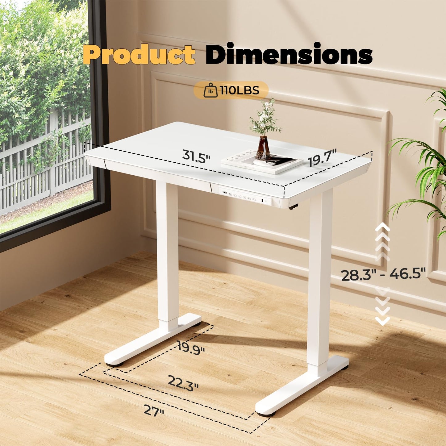 JYLH JOYSEEKER Glass Small Standing Desk with Drawer, 31.5" x 20" Whole Piece Electric Sit Stand Table, Height Adjustable Desk with Storage & USB Ports, Quick Install Home Office Computer Desk, White