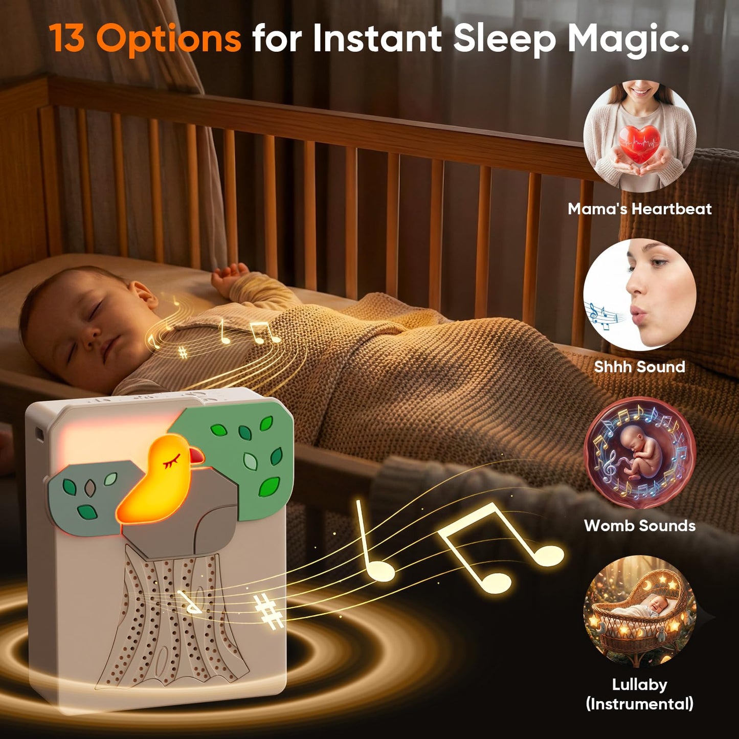 Sound Machine for Baby Soother,AI Cry Detection & Auto-Soothing,Parent-Voice Comfort,13 Soothing White Noise Machine,Record,Timer and Night Light, Ideal for Newborns,Sleeping Soother, Meditation