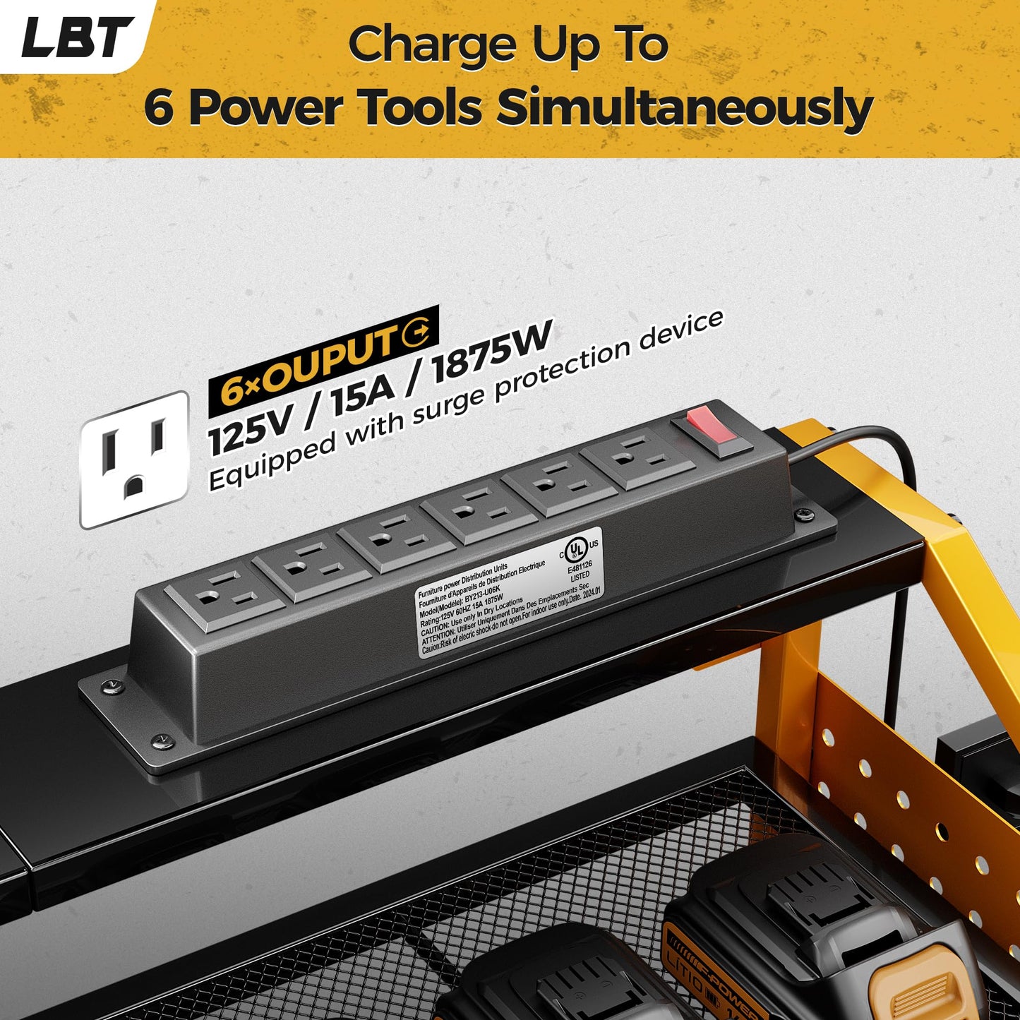 LBT Power Tool Organizer With Charging Station,Patented,Heavy Duty Steel,6 Drilling Rig Sizes With Hooks And Screw Boxes,6 sockets,Easy To Install Garage Storage Rack,Great Gift For Men, Yellow