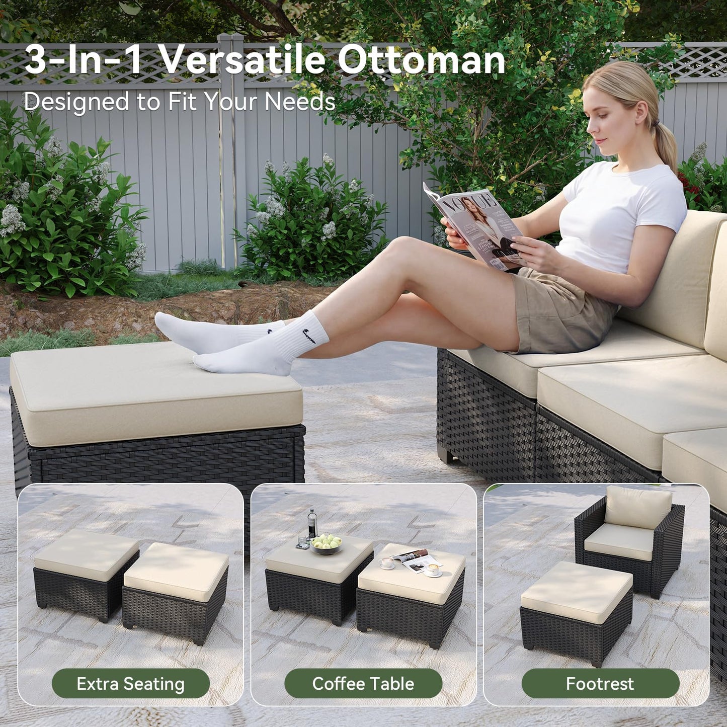 Aoxun Patio Furniture Set with Fire Pit Table, 6 Piece Outdoor Furniture Set with Wicker Ottomans, Rattan Outdoor Sectional Sofa with Thickened Cushion & Waterproof Cover Beige