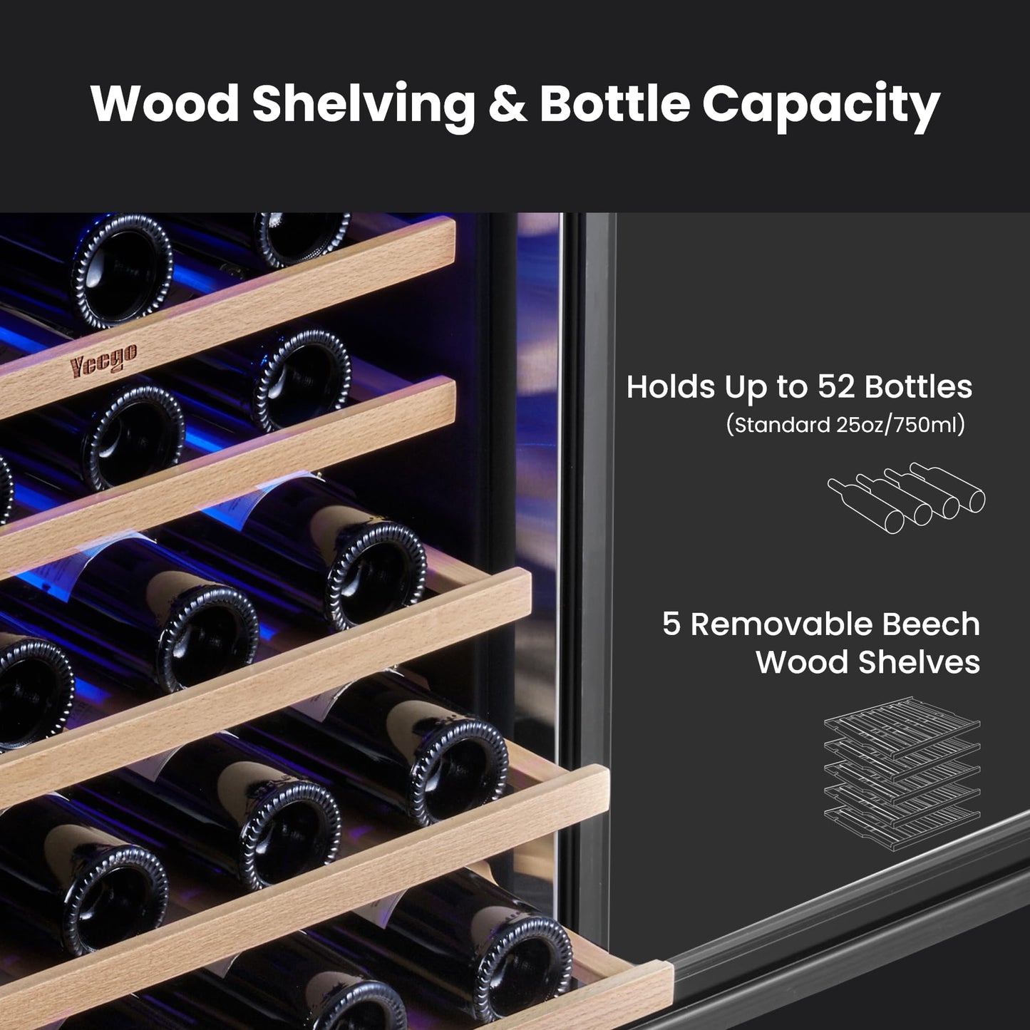 Yeego Wine Fridge Cooler - 24 Inch Dual Zone Wine Fridge Hold 52 Bottles, 40-65°F Wine Refrigerator Glass Door, Built in Fridge, Freestanding Adjustable Shelves Fridge for Beer Soda Drink Home Bar