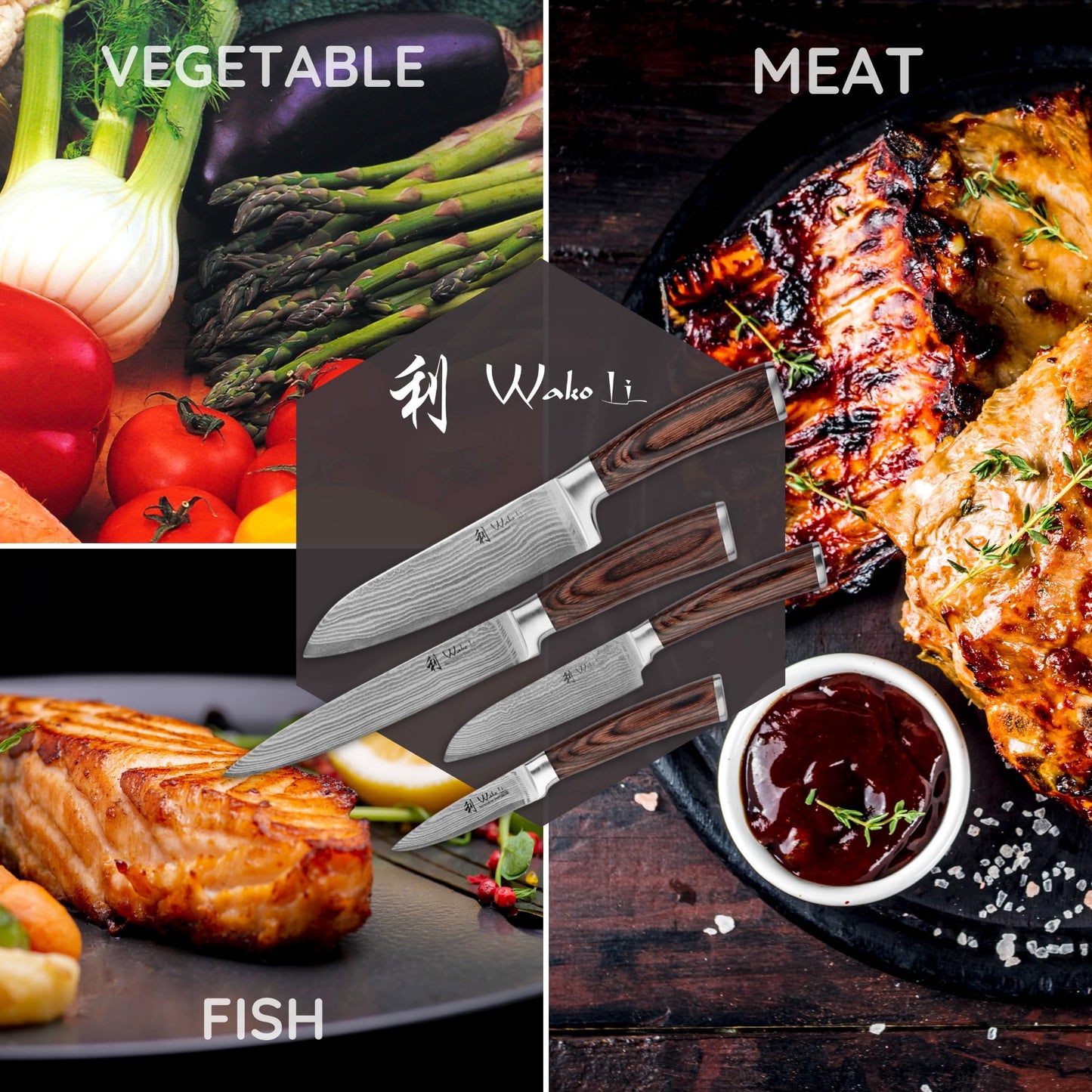 Wakoli EDIB 4-Piece Damascus Knife Set – Professional Chef Knives Set with VG10 Core Blades, 67-Layer Damascus Steel and Ergonomic Pakkawood Handles – Premium Kitchen Knives in Elegant Gift Box