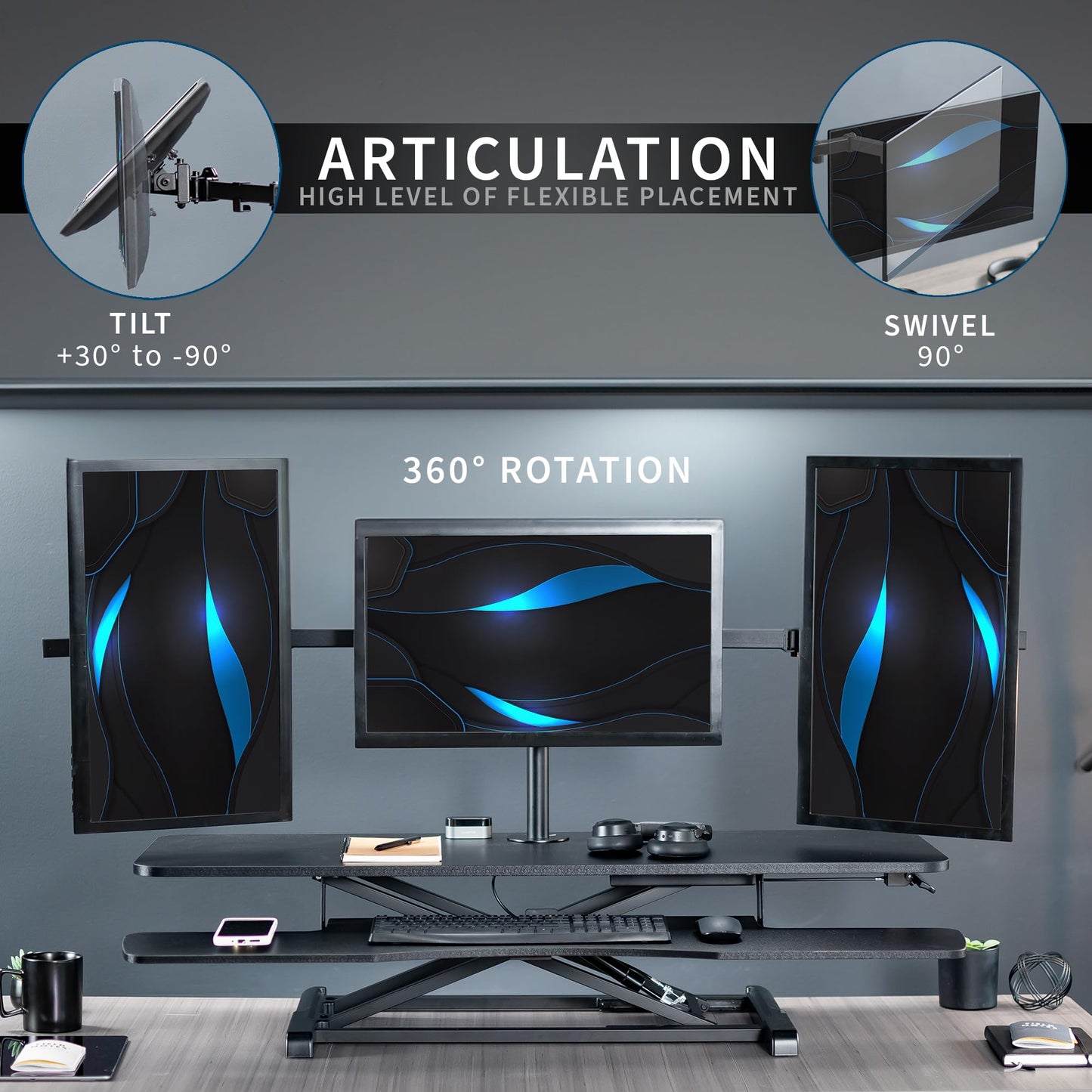 VIVO Height Adjustable 48 inch Standing Desk Converter with Triple 21.5 to 27 inch Monitor Mount, Extra Large Desk Riser, Black, DESK-KIT-48KB3C