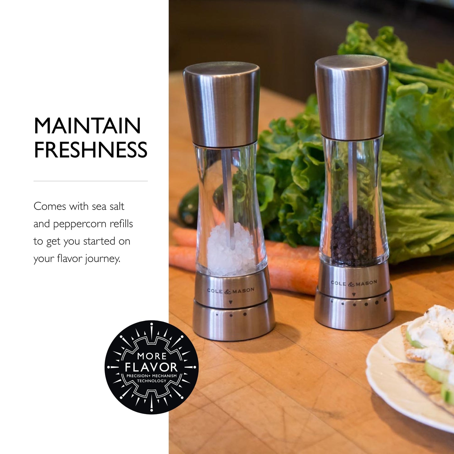 Cole & Mason Derwent Salt & Pepper Mill Grinder Set - Adjustable Grind Settings - Sea Salt & Black Peppercorn for Easy Refill - Stainless Steel