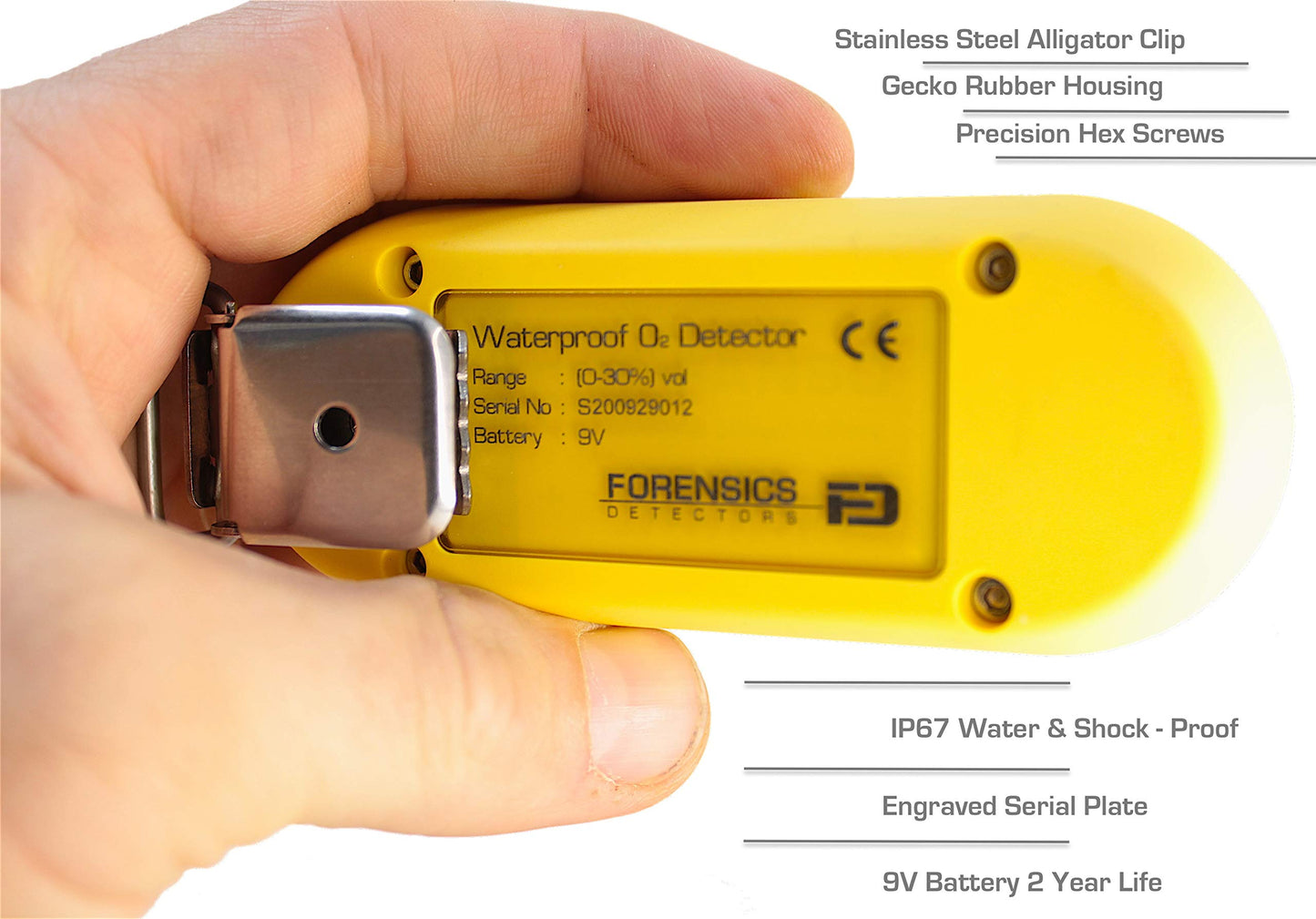 Oxygen Detector by Forensics | 2 Year Battery Life | 3 Year Sensor | USA NIST Calibration | Drop-Proof & Water-Proof | Rubber Soft-Touch | 0-30% O2 |