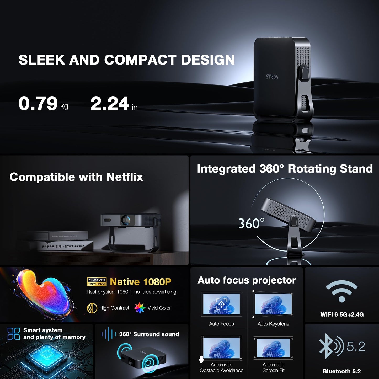 【Officially-Licensed APP & Native 1080P】Thinnest 2.24" Smart Mini Projector with WiFi and Bluetooth, Auto Focus & Keystone Portable Outdoor Projector, VOPLLS 4K Support Home Movie Projector
