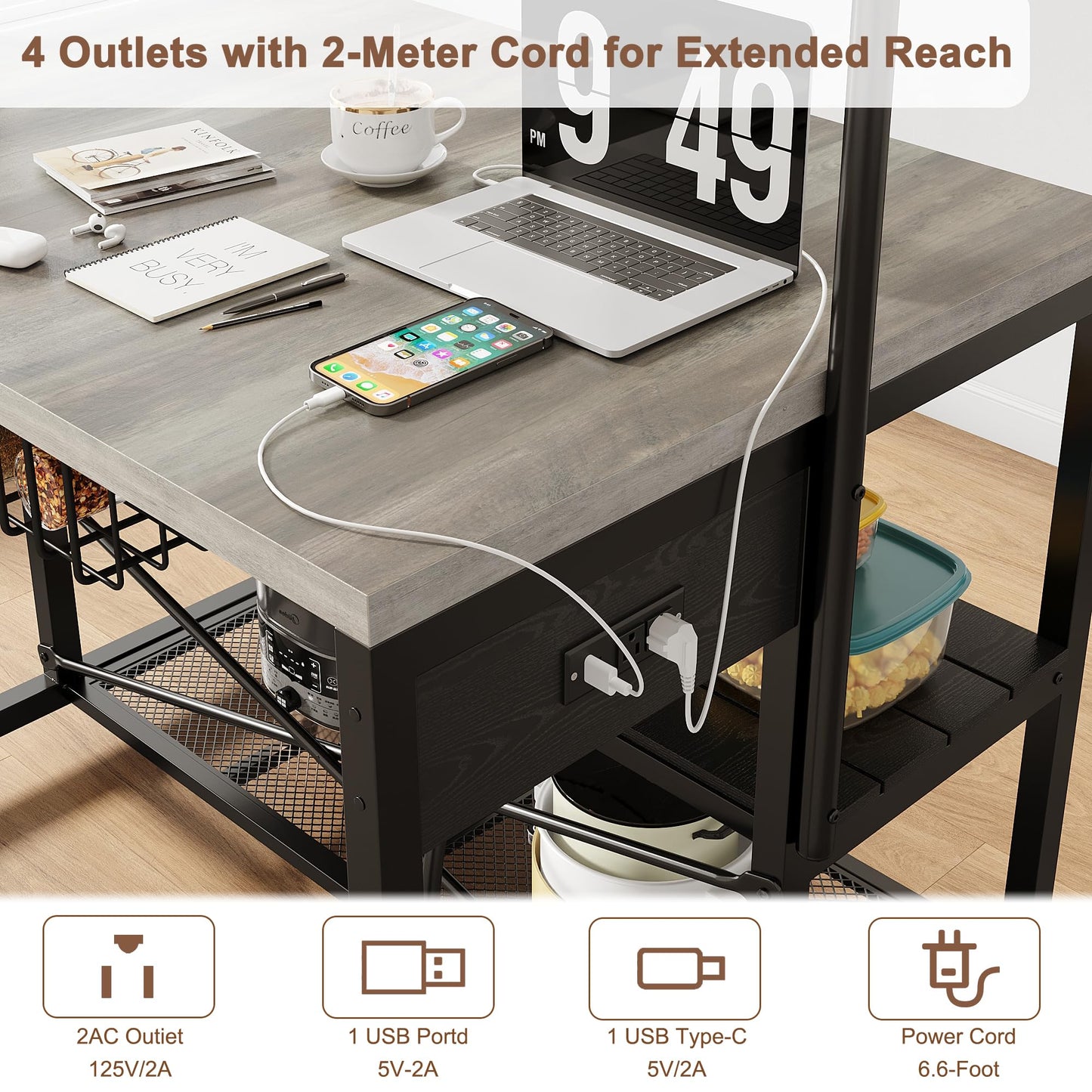 46" Large Kitchen Island Table Baker Rack with Power Outlet and 3-Tier Storage-Microwave Stand Oven Shelf, Metal Coffee Bar Table,Kitchen Storage Shelf for Dining Living Room, 5 Hooks,Grey