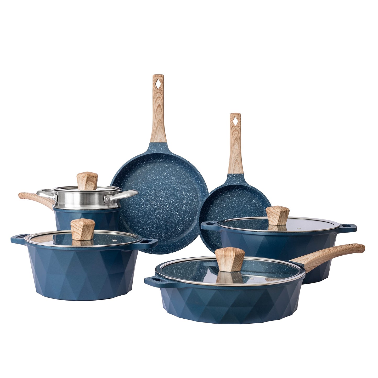 Country Kitchen Non-Stick Cast Aluminum Cookware Set - Durable Kitchen Cookware for Everyday Cooking, Navy Diamond, 11 Pc.
